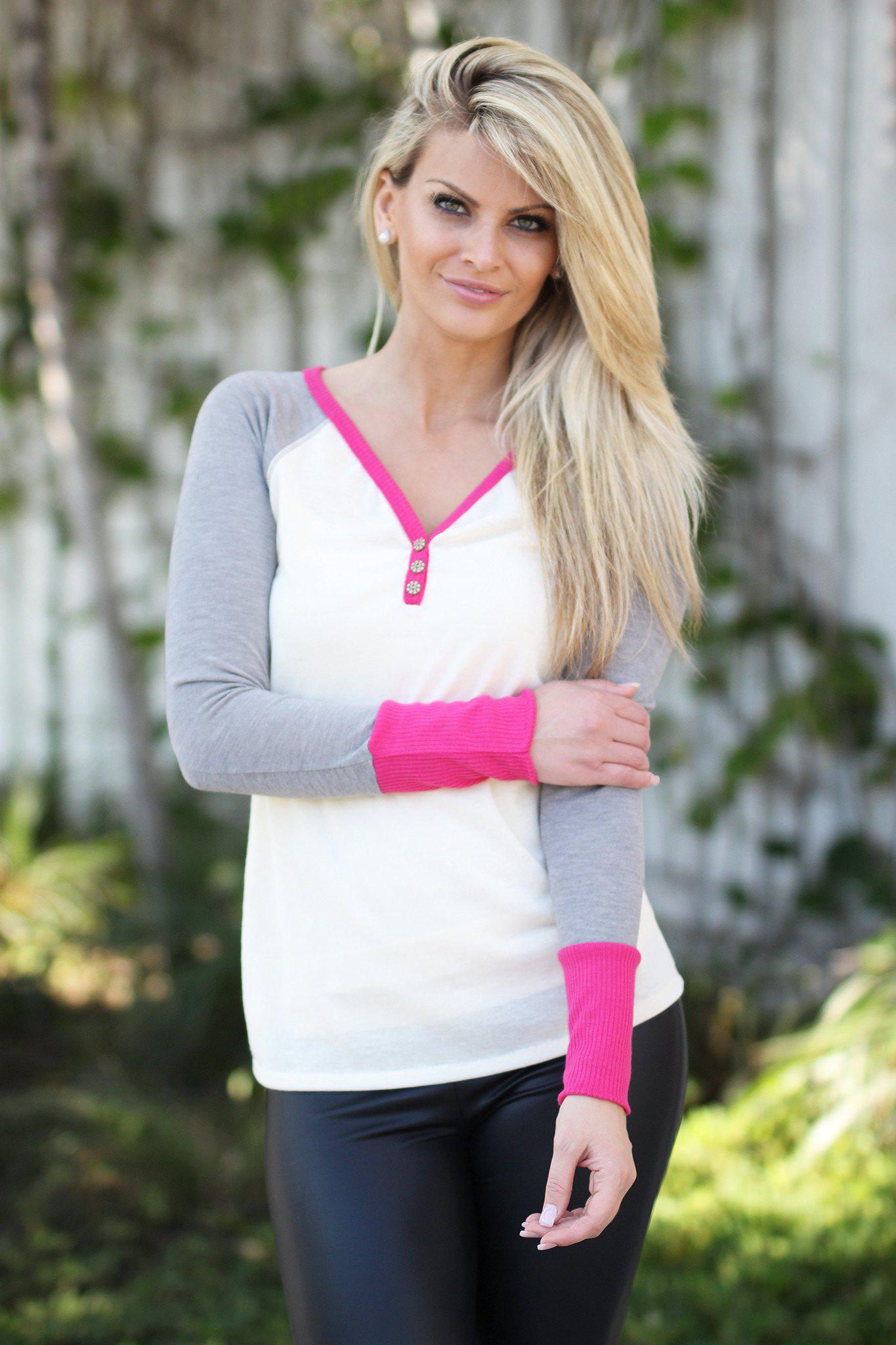 Stylish Ivory and Pink Buttoned Women's Top