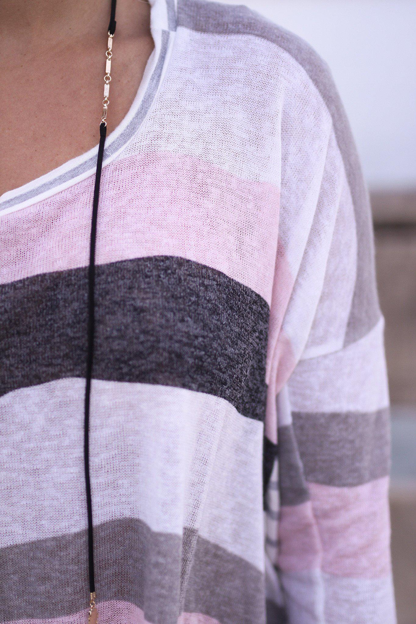 Stylish Ivory and Pink Striped Back Long - Sleeve Top