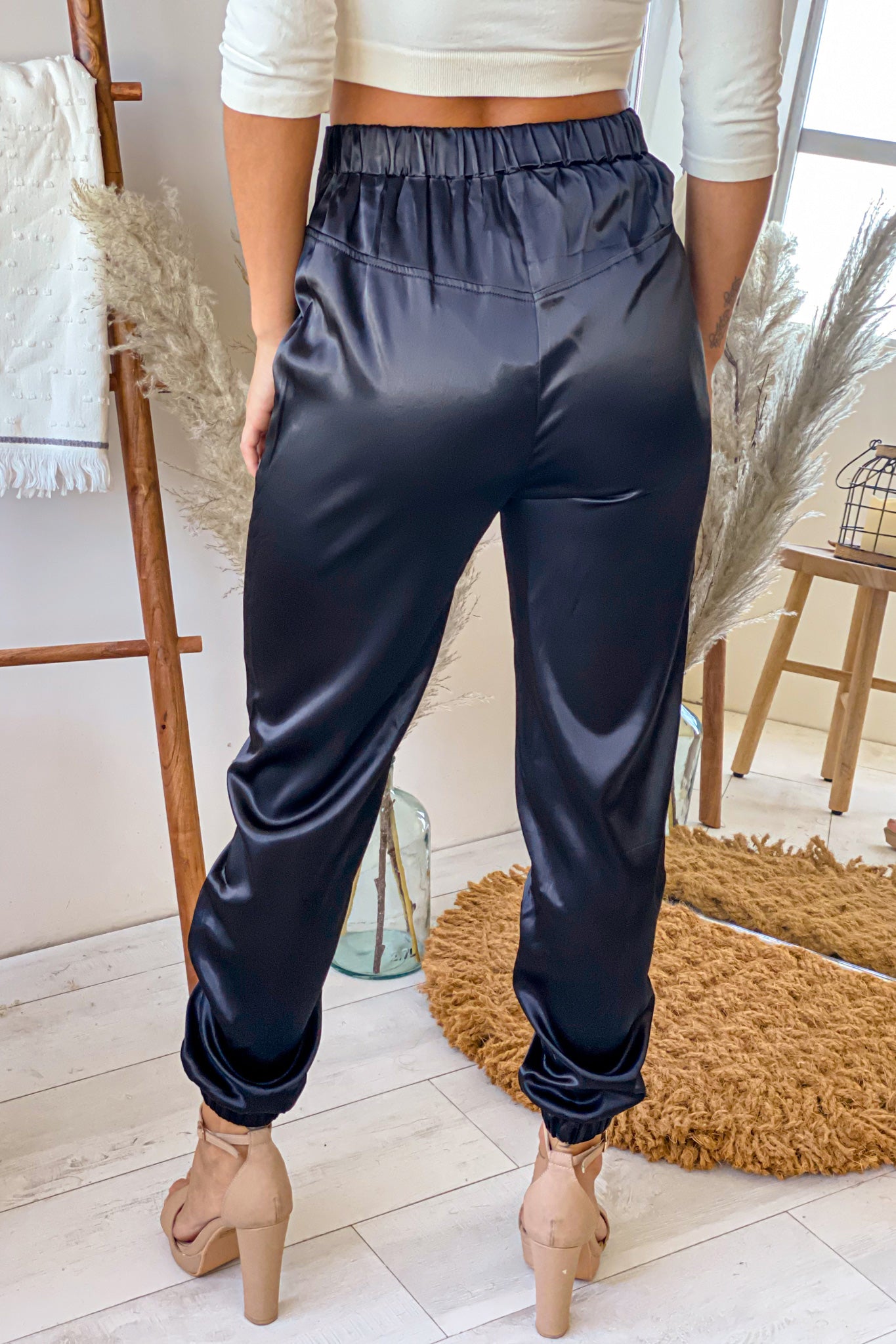 Stylish Black Satin Asymmetrical Elastic - Waist Joggers