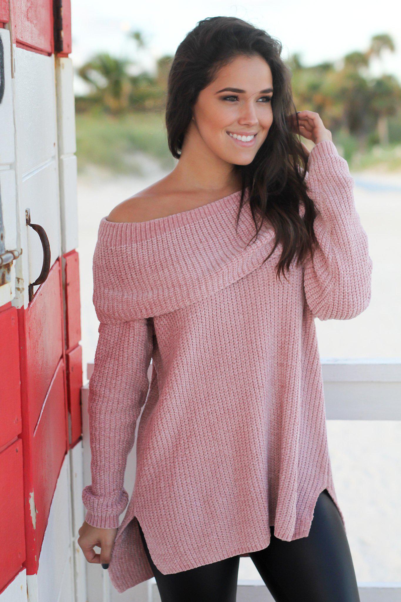 Chic Mauve Oversized Off-Shoulder Knitted Cotton-Polyester Sweater