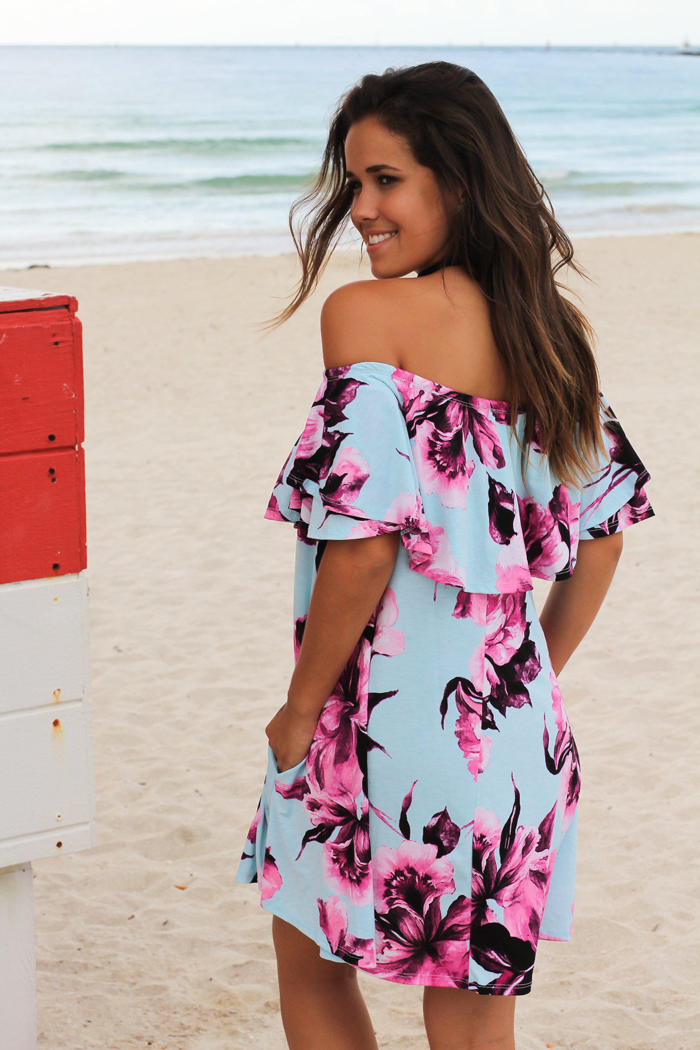Stylish Mint and Lavender Floral Off-the-Shoulder Short Women's Dress