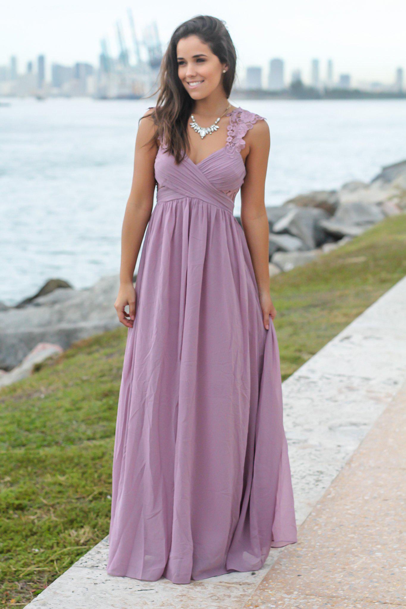 Gorgeous Mauve Women's Maxi Dress Featuring Pleated Top and Intricate Crochet Detail
