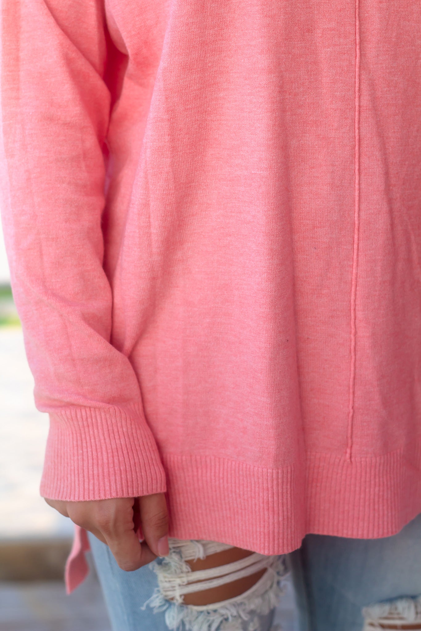 Charming Coral Loose-Fit V-Neck High Low Sweater for Fall