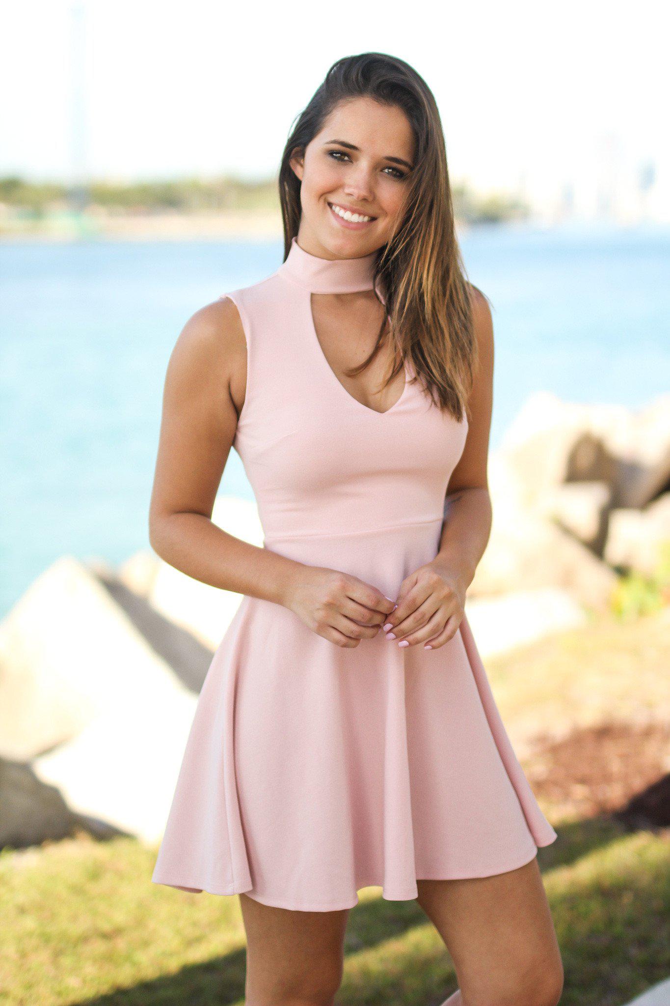 Stylish Blush Colored Mock Neck Short Party Dress