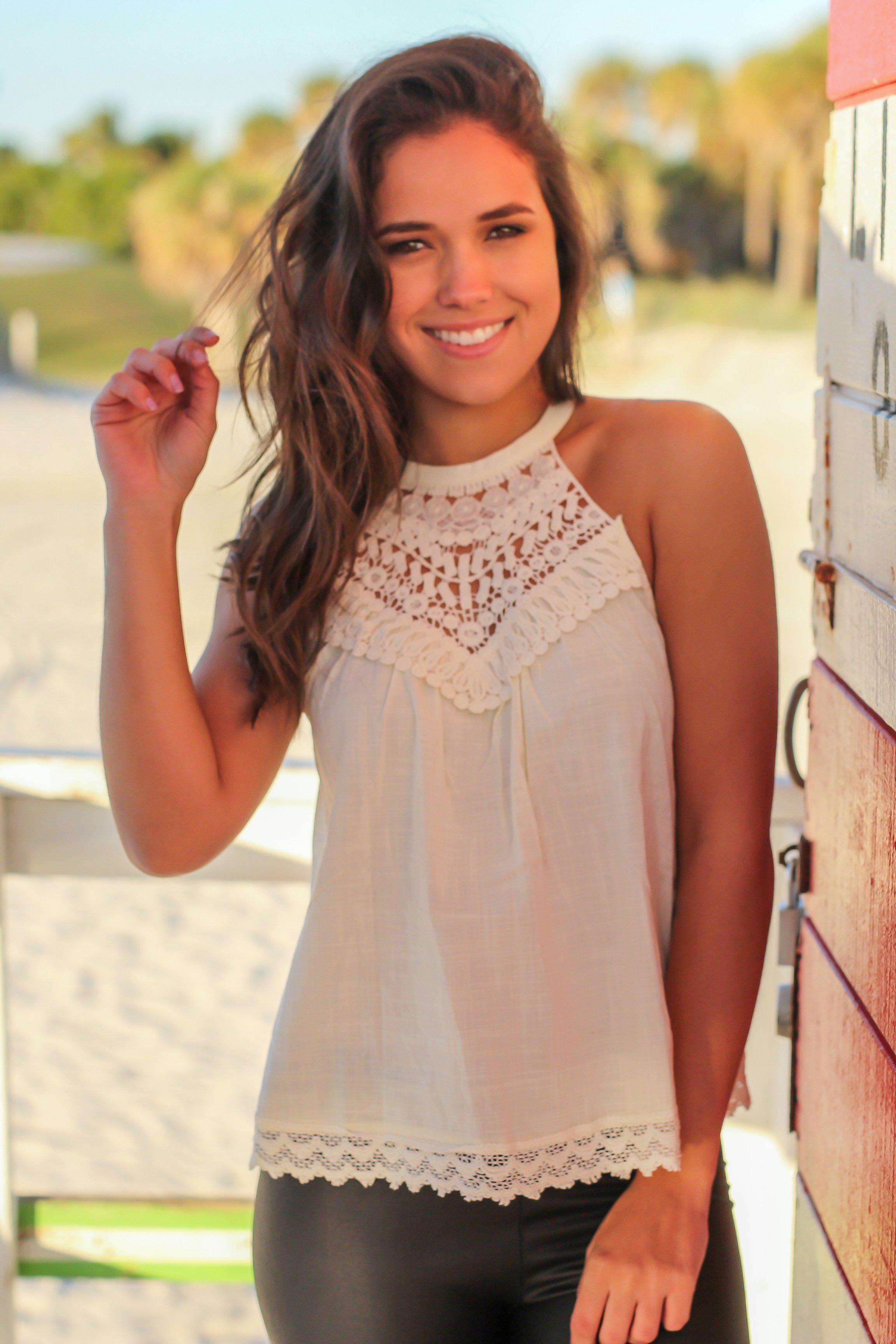 Stylish Cream Cotton Crochet Halter Neck Sleeveless Top