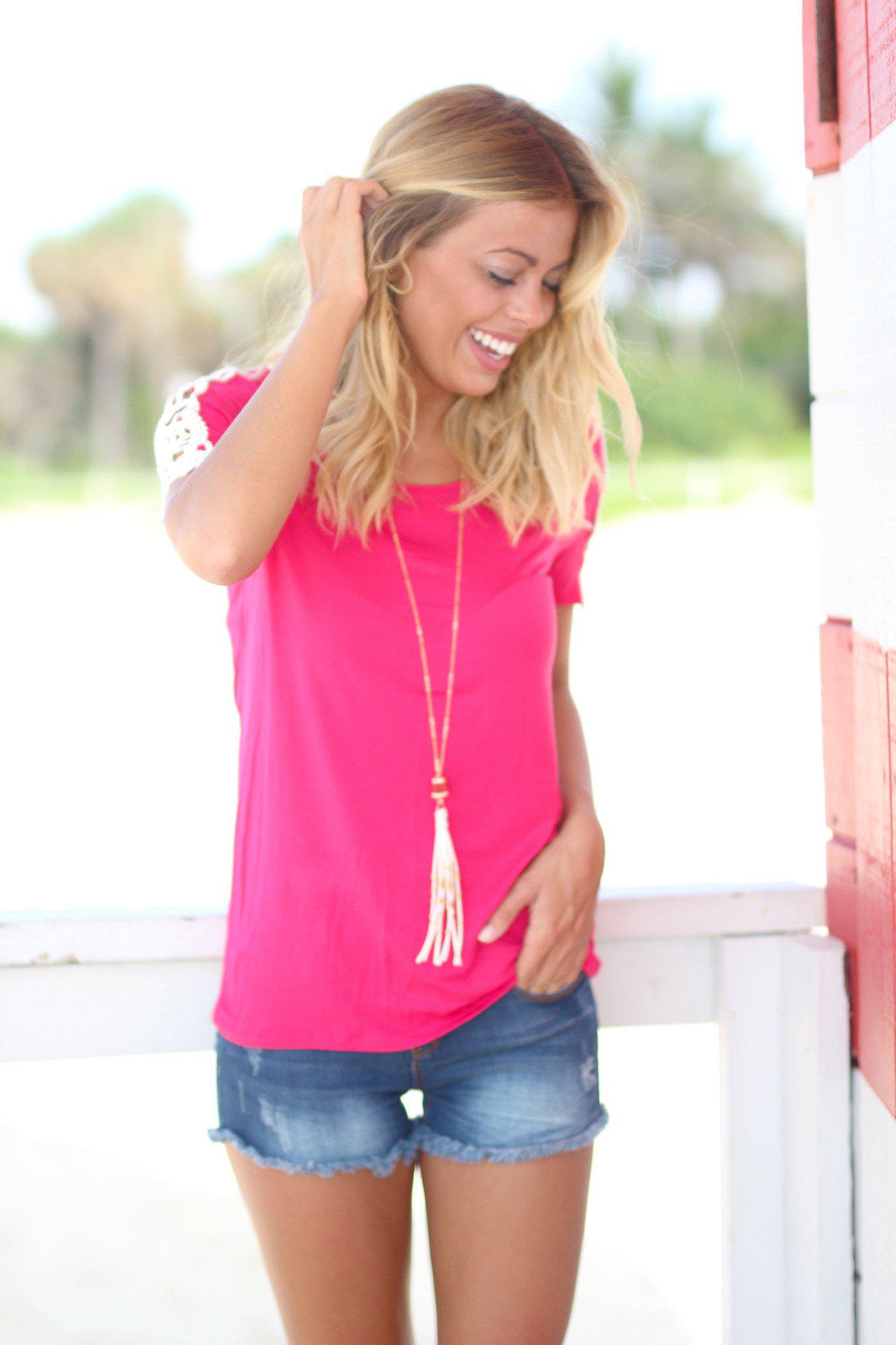 Feminine Cherry Short Sleeve Top Featuring Crochet Details