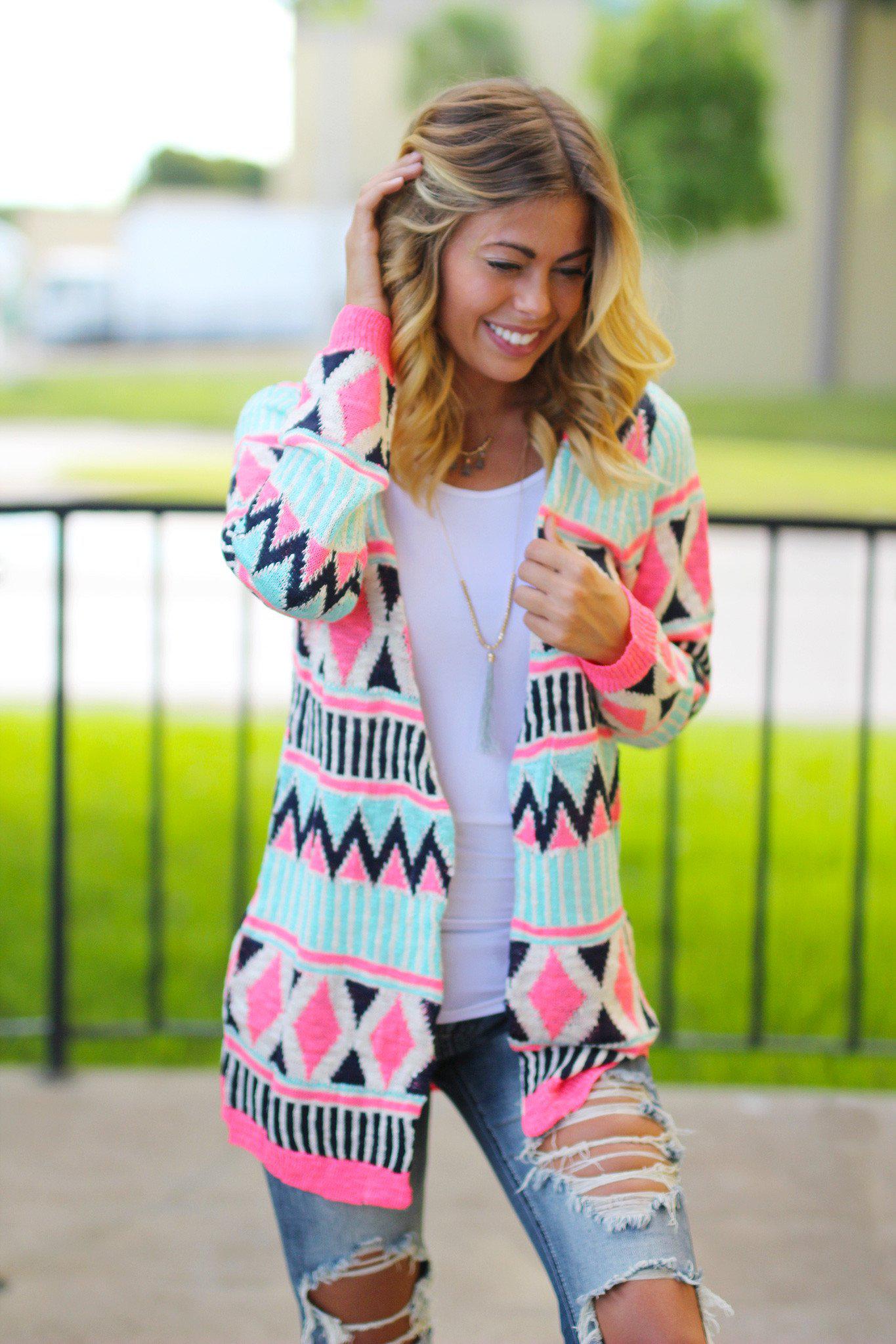 Stylish Mint and Neon Pink Knit Open Cardigan for Fall and Winter