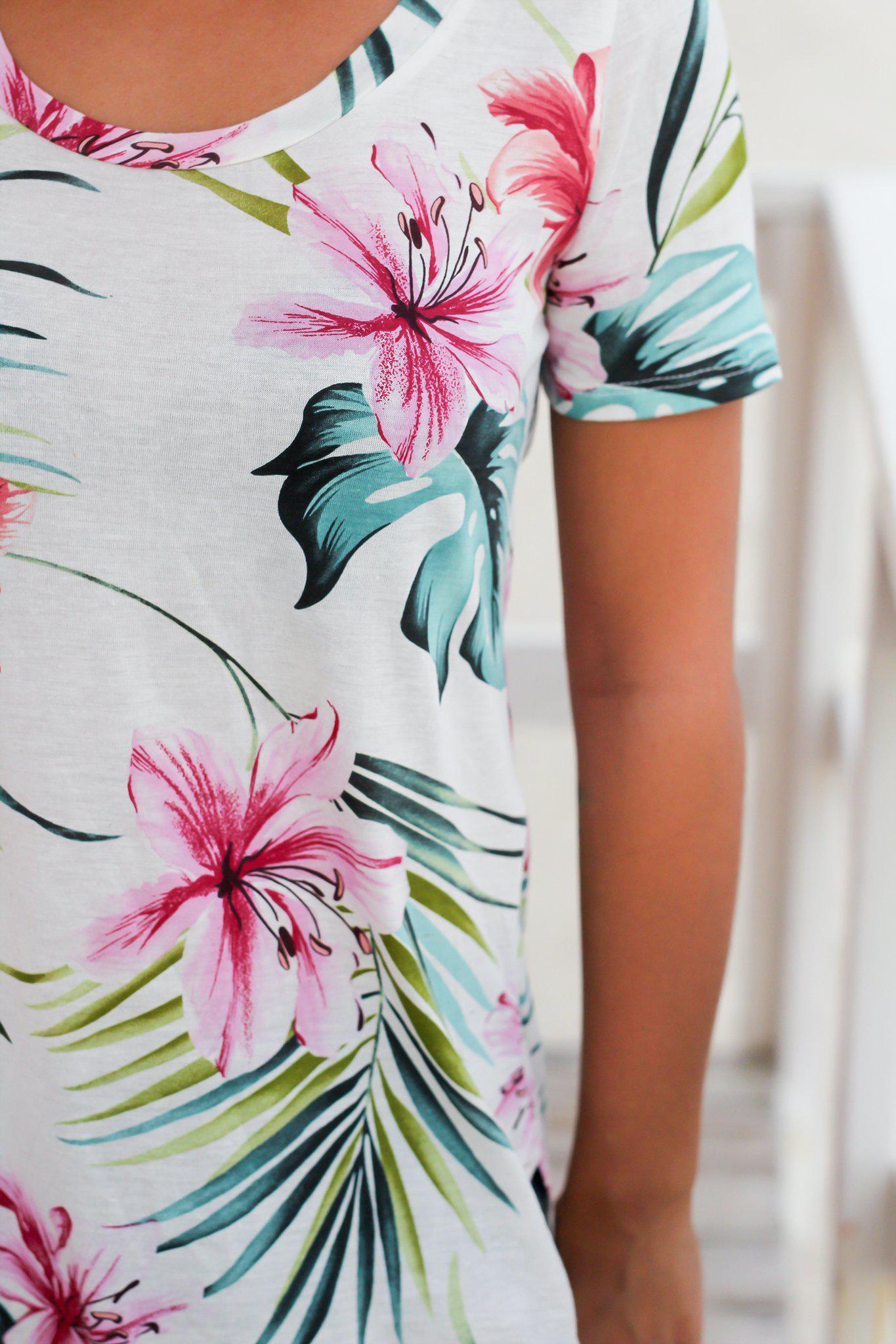 Cream-colored Floral Print Women's Short Sleeve T-shirt