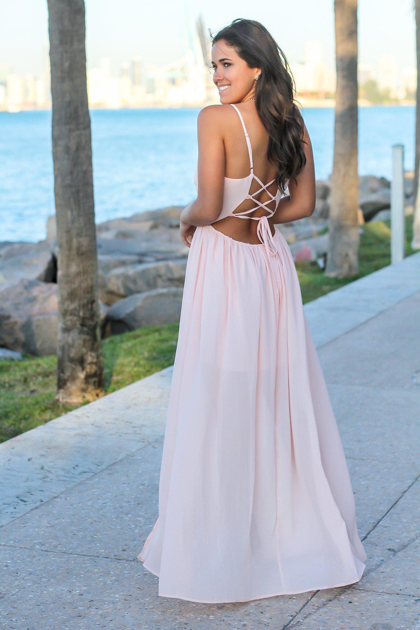 Gorgeous Blush Sleeveless Maxi Dress with Pleated Top and Lace-Up Back