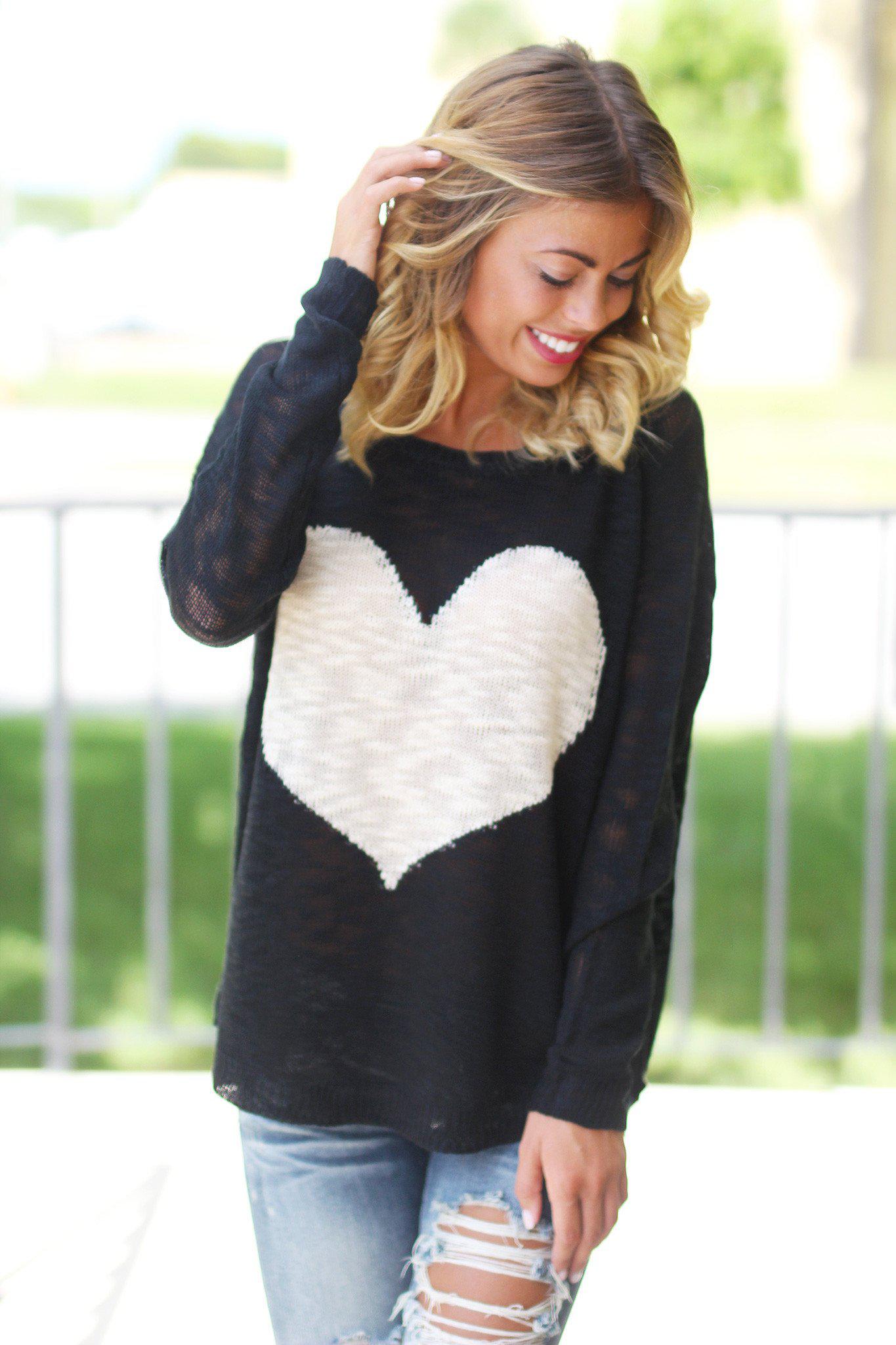Adorable Heart-Printed Black Knit Sweater for Various Occasions