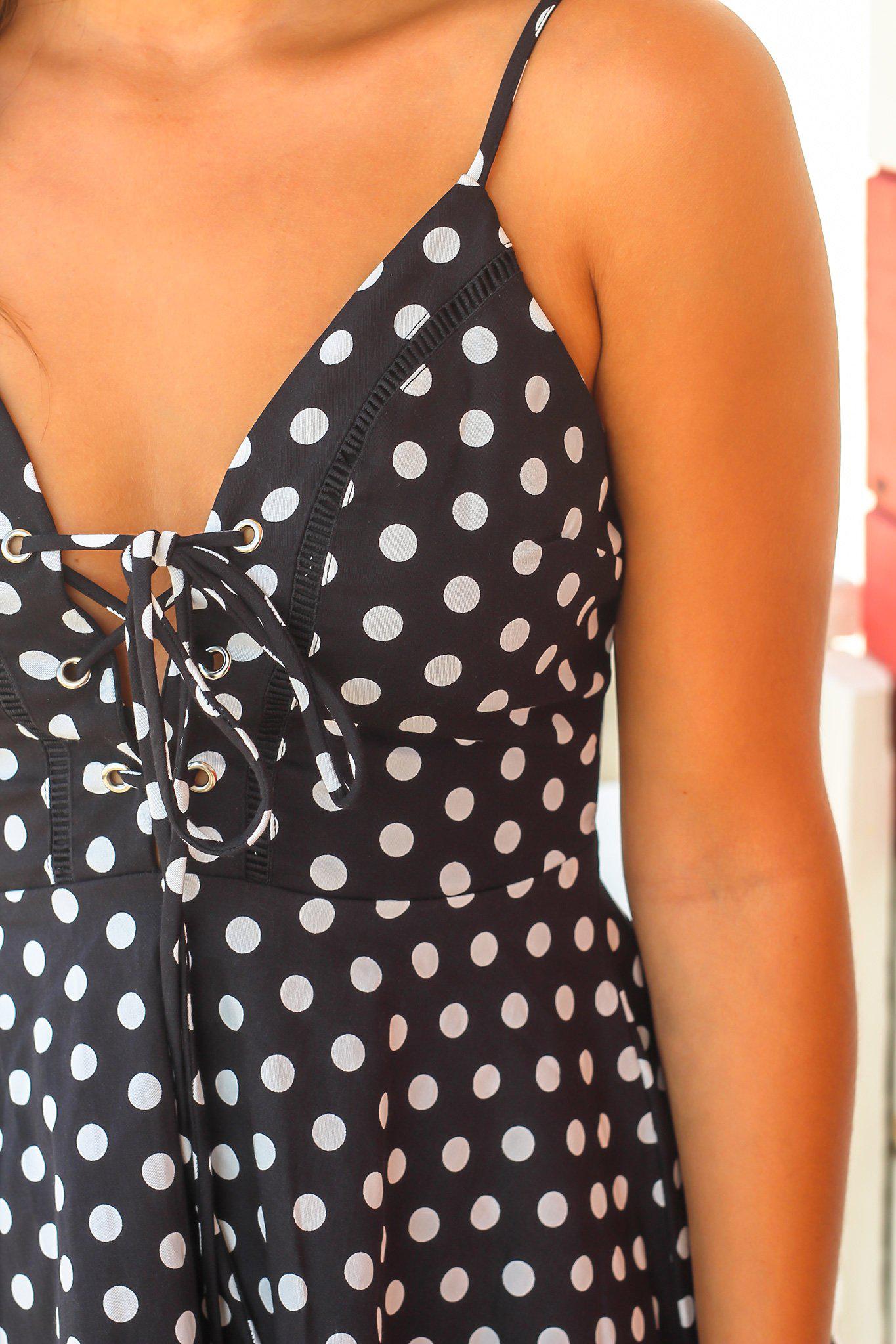 Stylish Women's Black Polka Dot Short Party Dress with Attractive Lace Up Detail