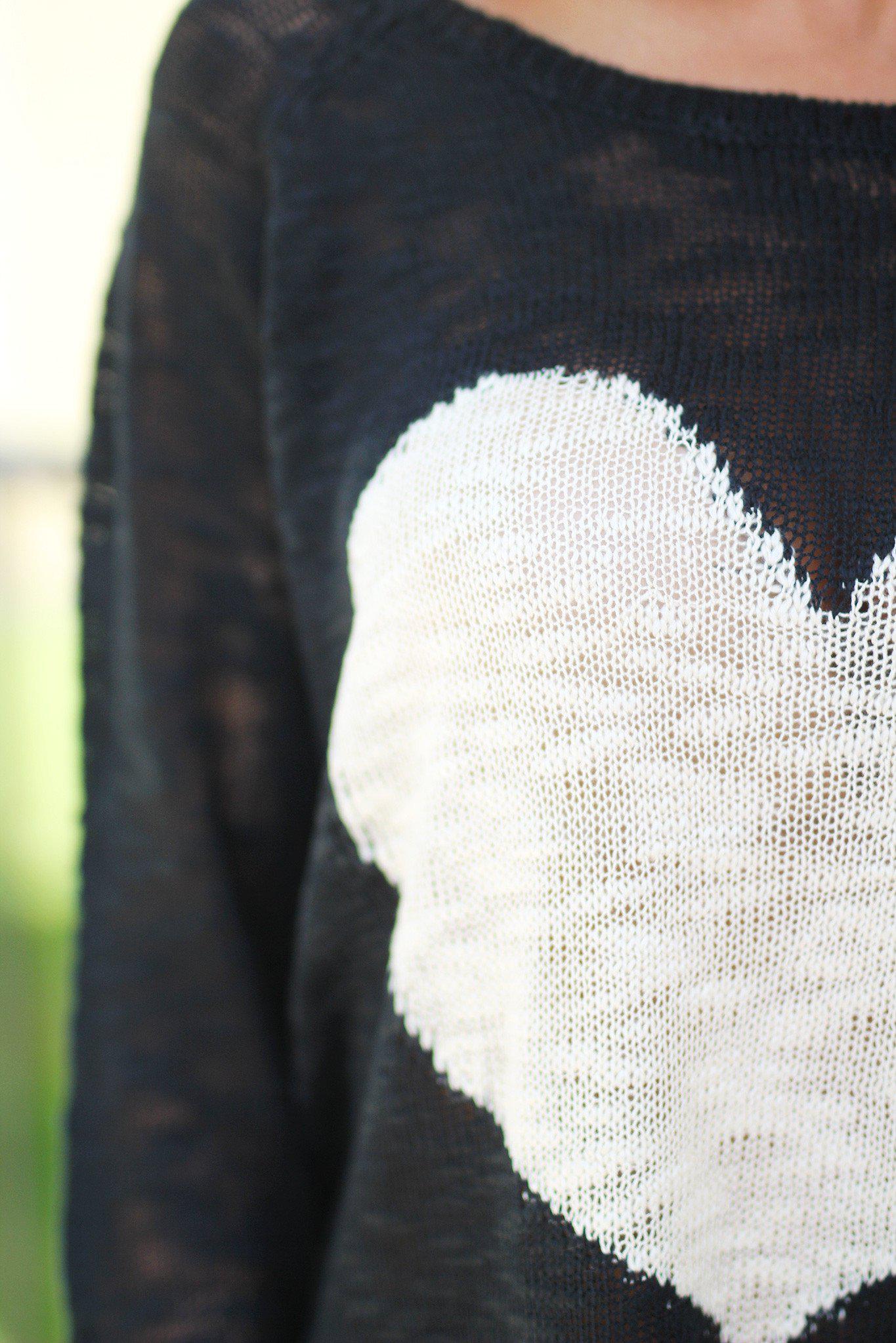 Adorable Heart-Printed Black Knit Sweater for Various Occasions