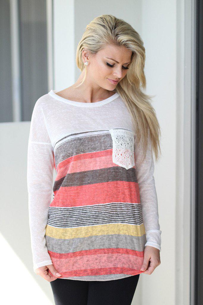 Stylish Women's Coral Striped Top Featuring a Crochet Pocket