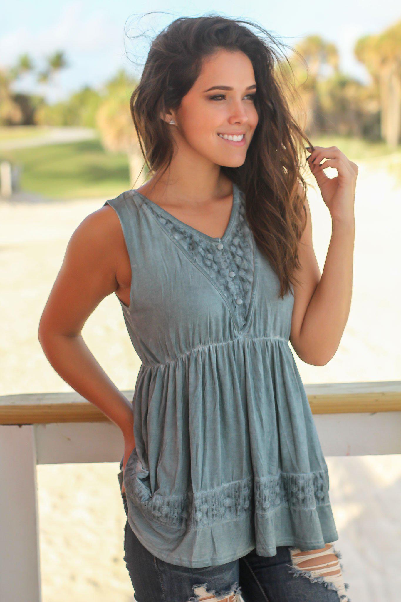Fashionable Women's Blue Sage Colored Top Featuring Exquisite Embroidered Detail