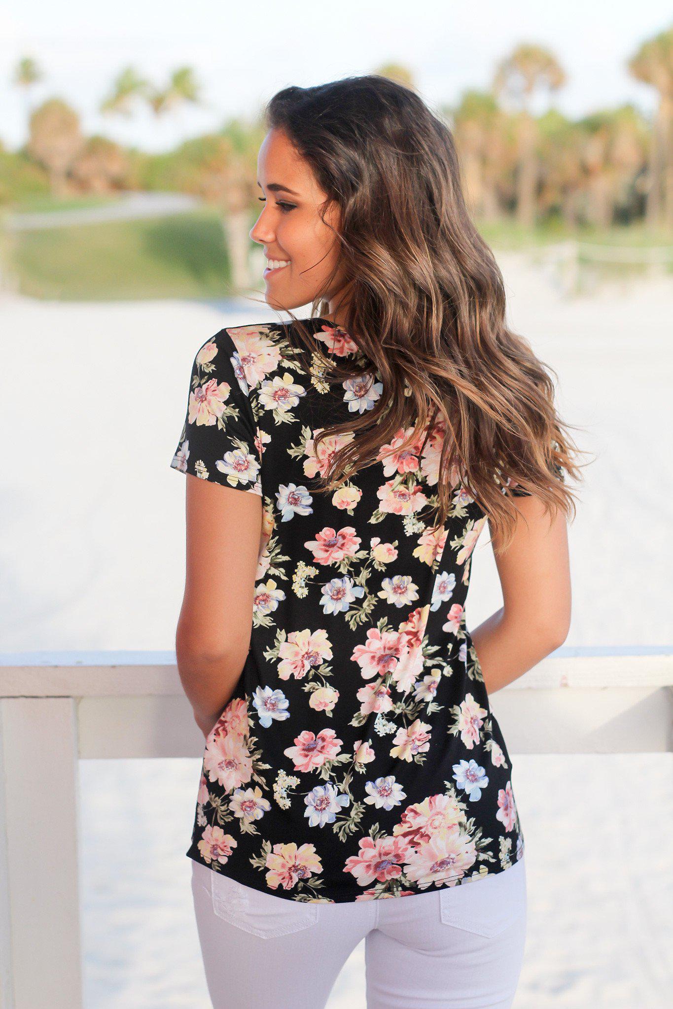 Stylish Short - Sleeved Black Floral Criss - Cross Women's Top