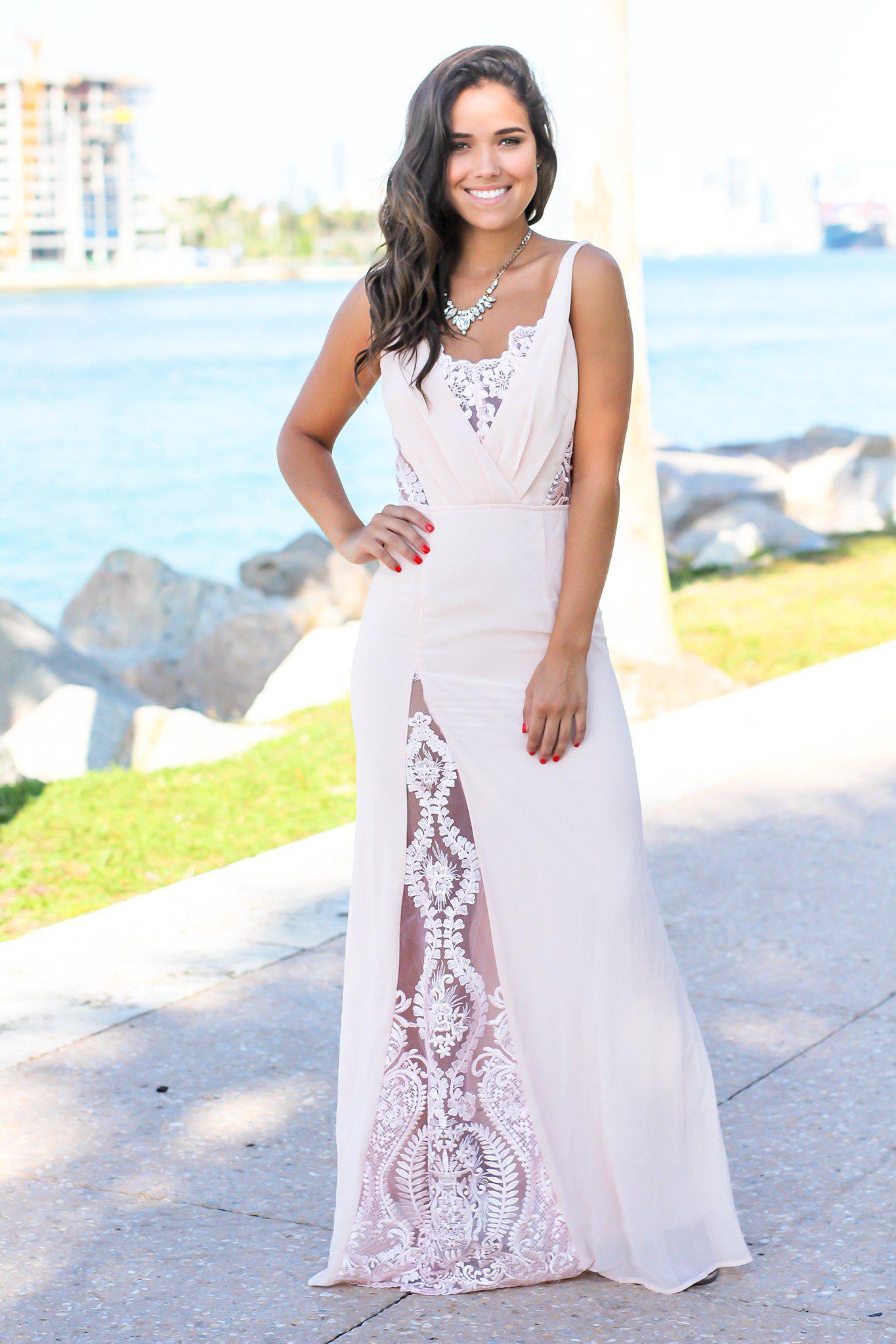 Elegant Blush Maxi Dress with Delicate Lace Side Slit