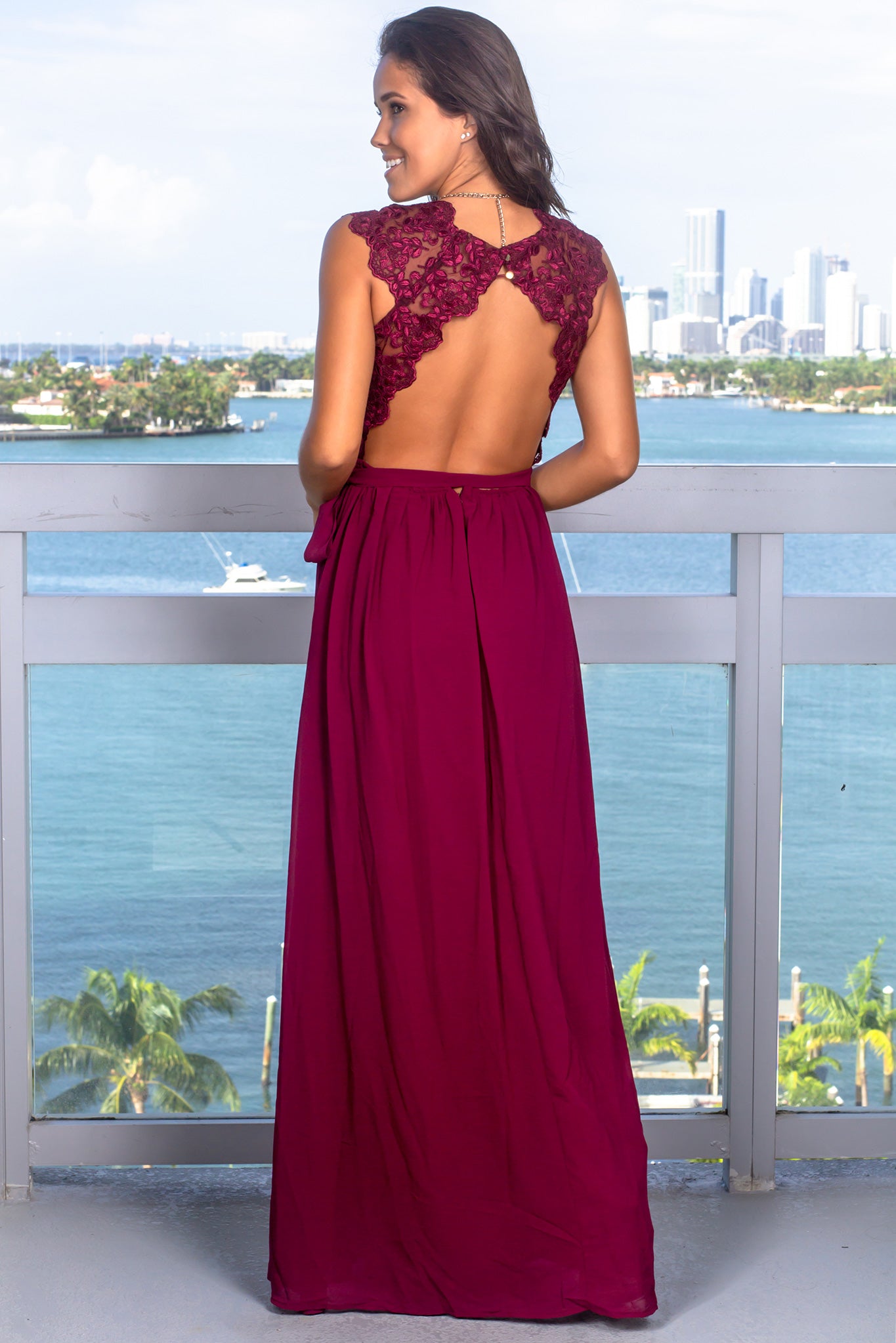 Stunning Merlot Sleeveless Maxi Dress with Open Back Embroidered Design