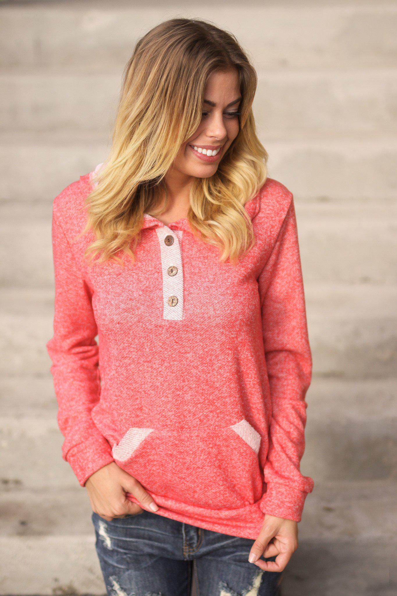 Stylish Coral-colored Button-up Hoodie for Casual Wear