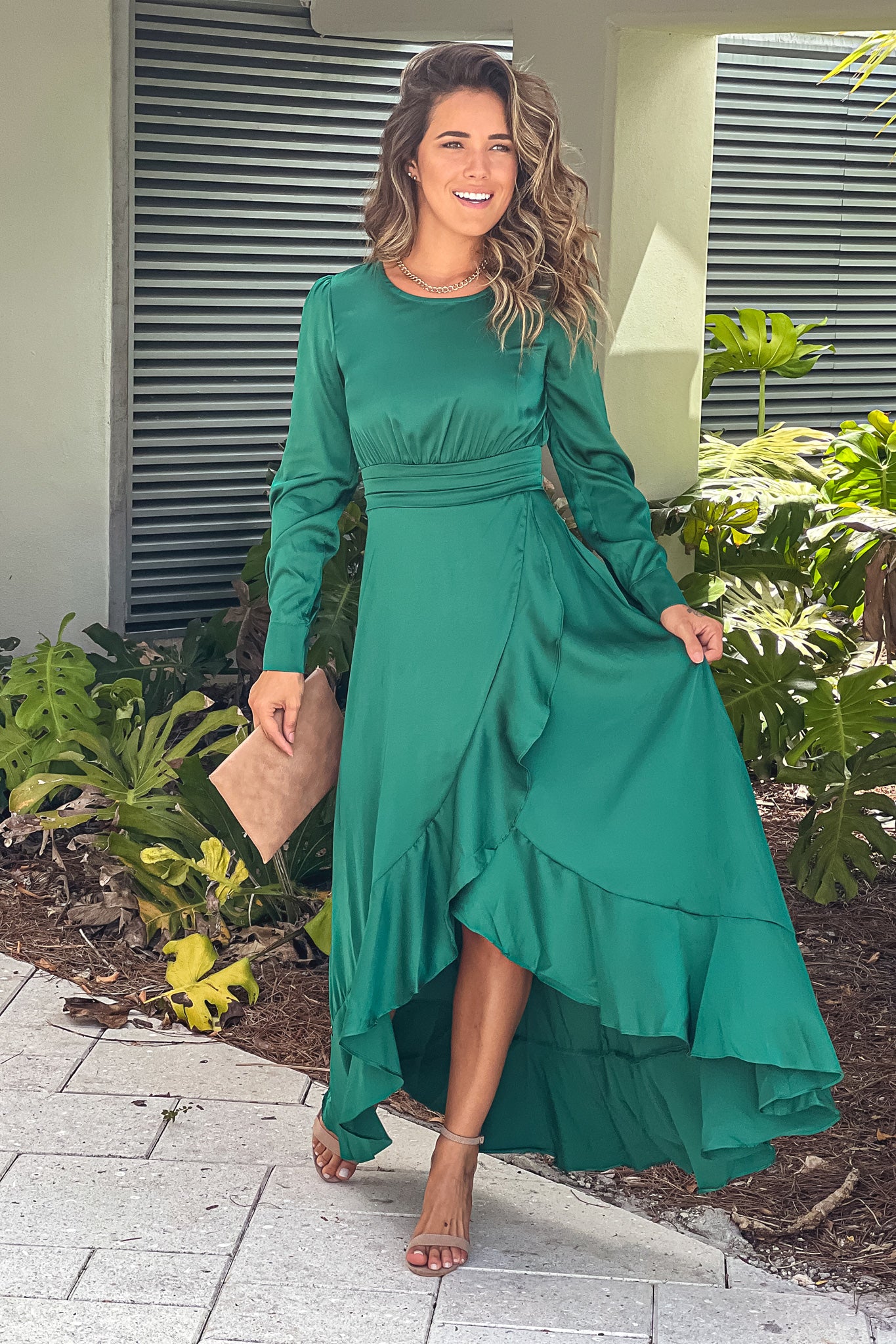 Stunning Hunter Green Satin Formal Maxi Dress Featuring Slit, Long Sleeves, Waist Ruching and Ruffles