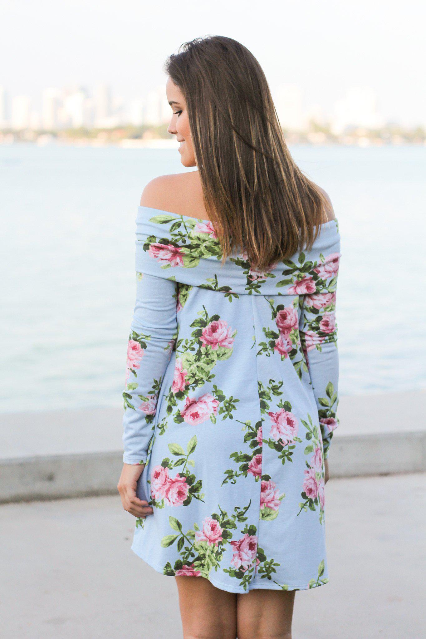 Charming Short Off-Shoulder Dress with Blue Floral Prints