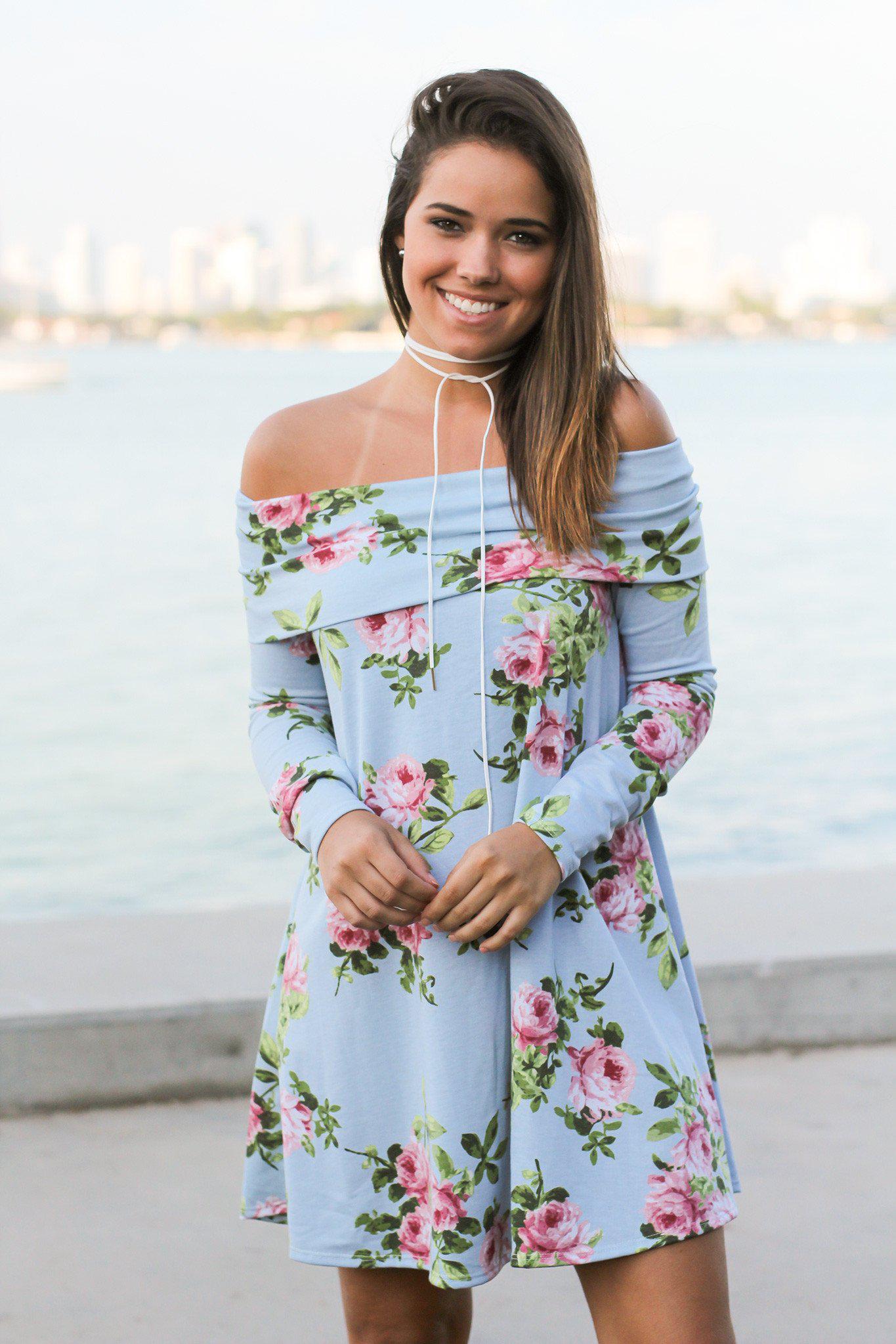 Charming Short Off-Shoulder Dress with Blue Floral Prints