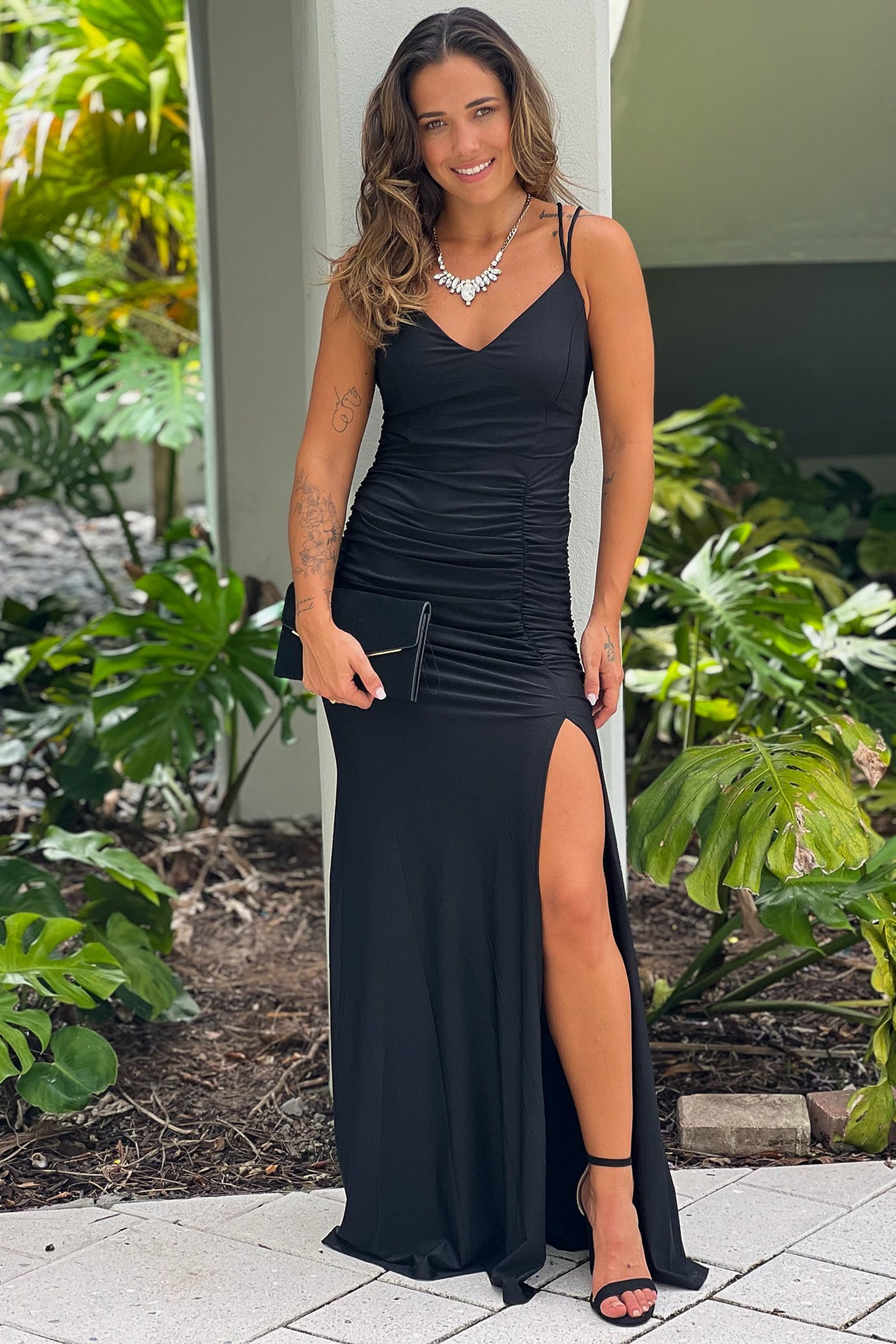 Elegant Black Ruched Maxi Dress with Sassy Side Slit and Criss Cross Back