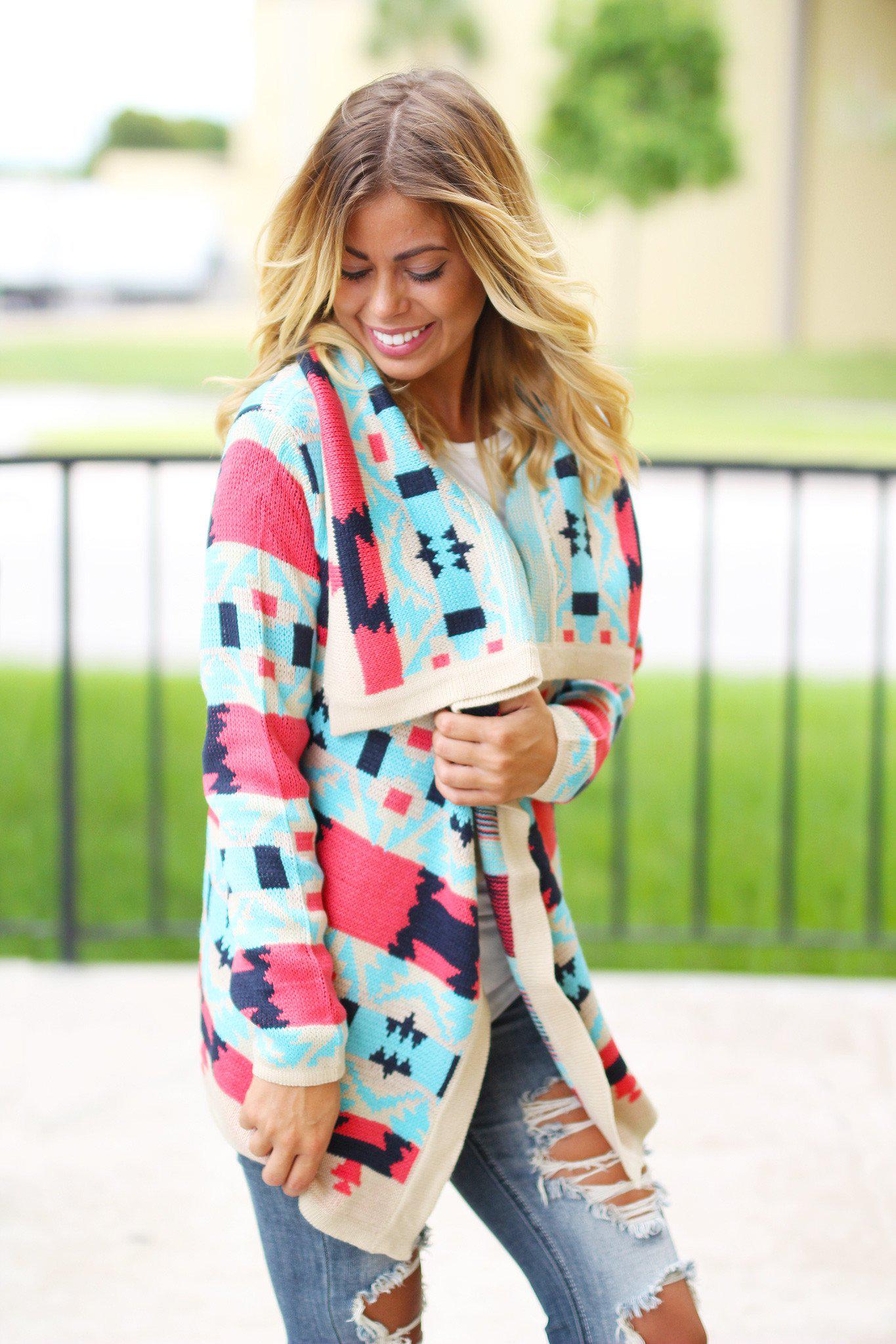 Stylish Coral and Aqua Knit Women's Cardigan