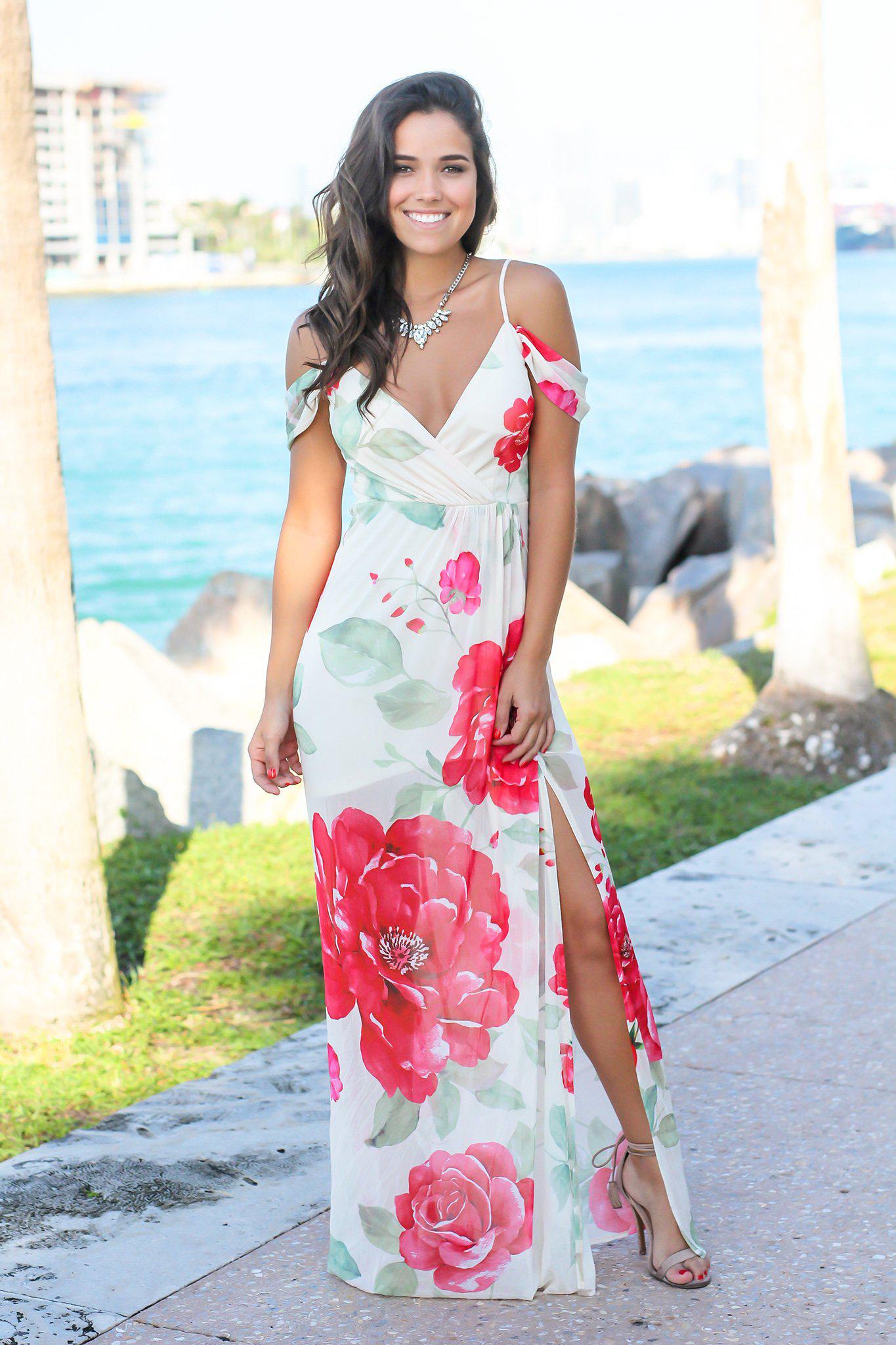 Stunning Ivory, Red and Green Floral Women's Off - Shoulder Maxi Formal Dress with Side Slit