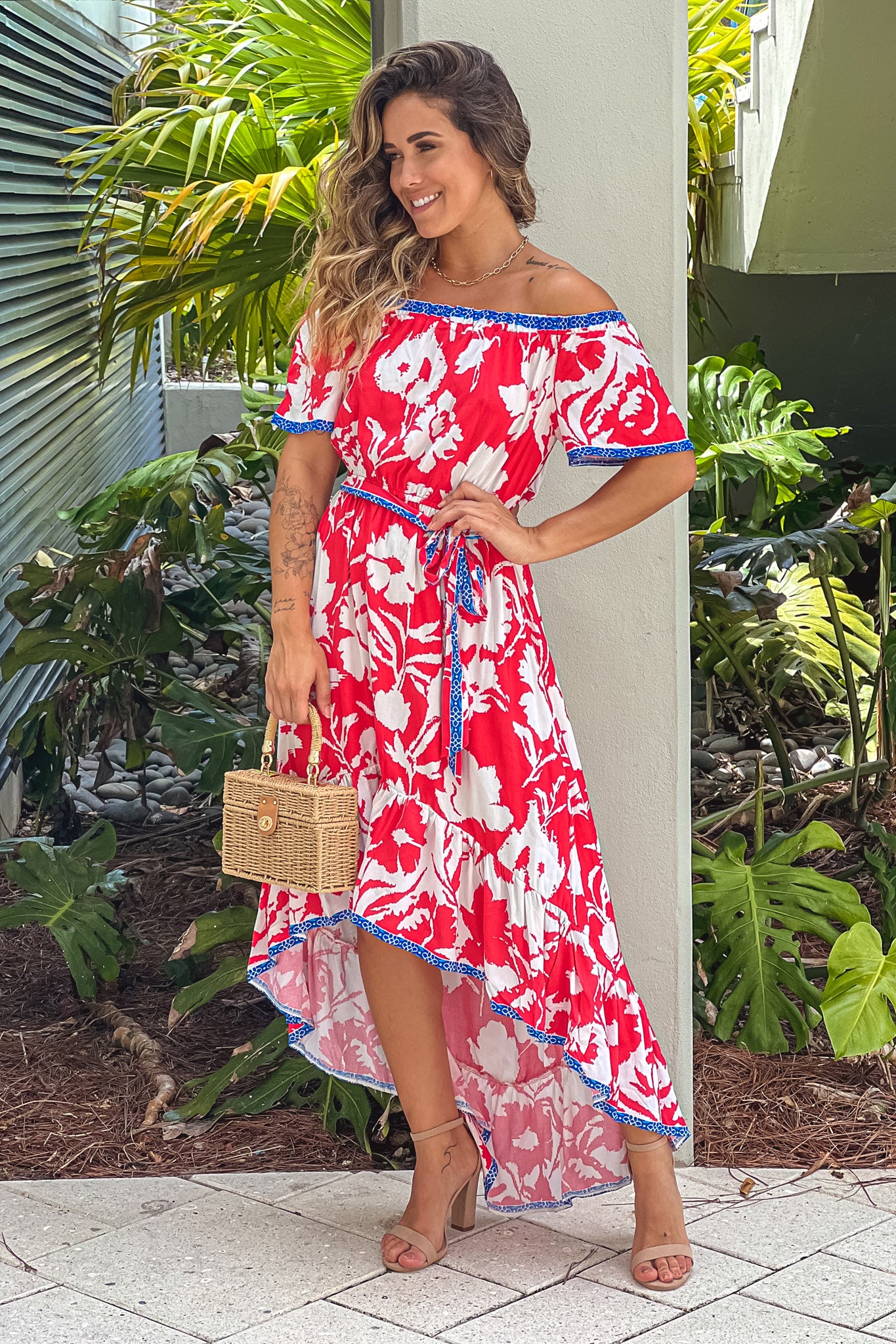Stunning Ivory, Red & Blue Floral Off - Shoulder High Low Printed Dress
