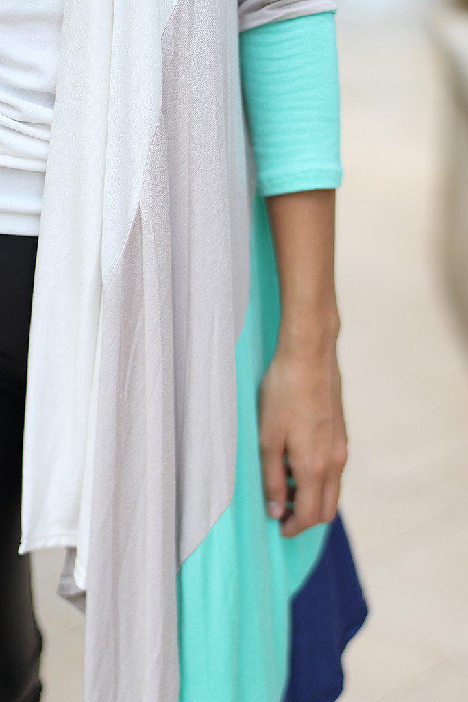 Stylish Mint Colored Blocked Long Women's Cardigan for Daily Wear