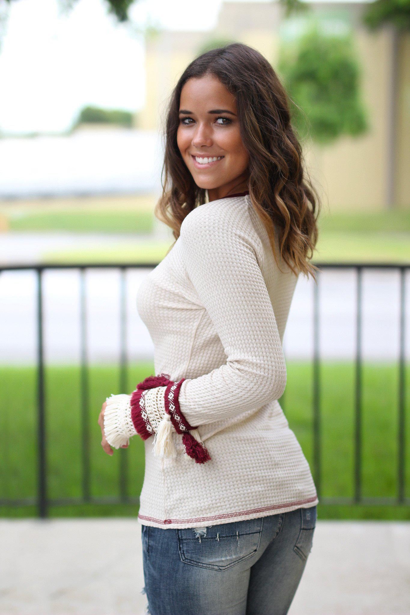 Stylish Cream and Wine Colored Long - Sleeve Top with Decorative Tassels