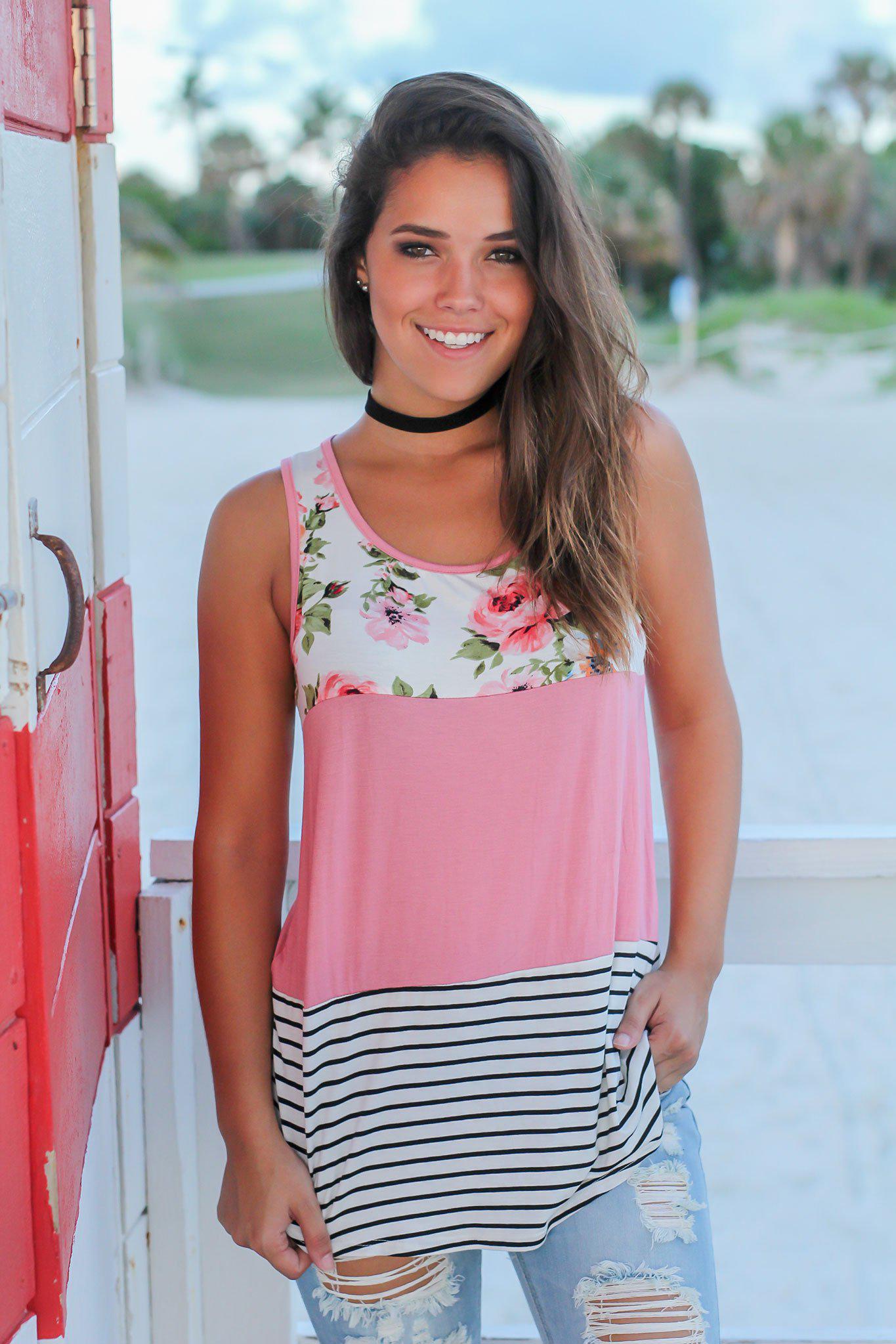 Stylish Mauve Floral and Striped Women's Tank Top