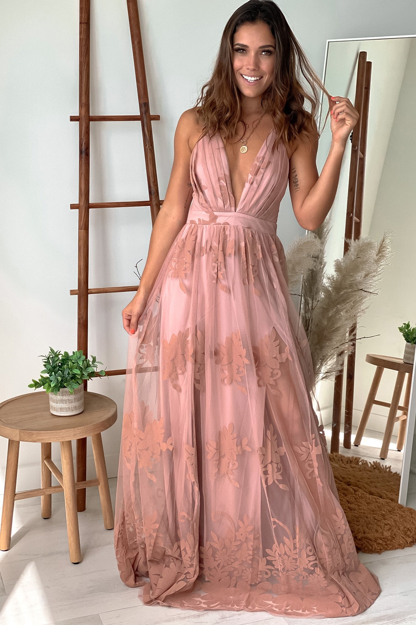 Elegant Blush-Colored Floral-Printed Tulle Women's Maxi Dress with Criss Cross Back Design