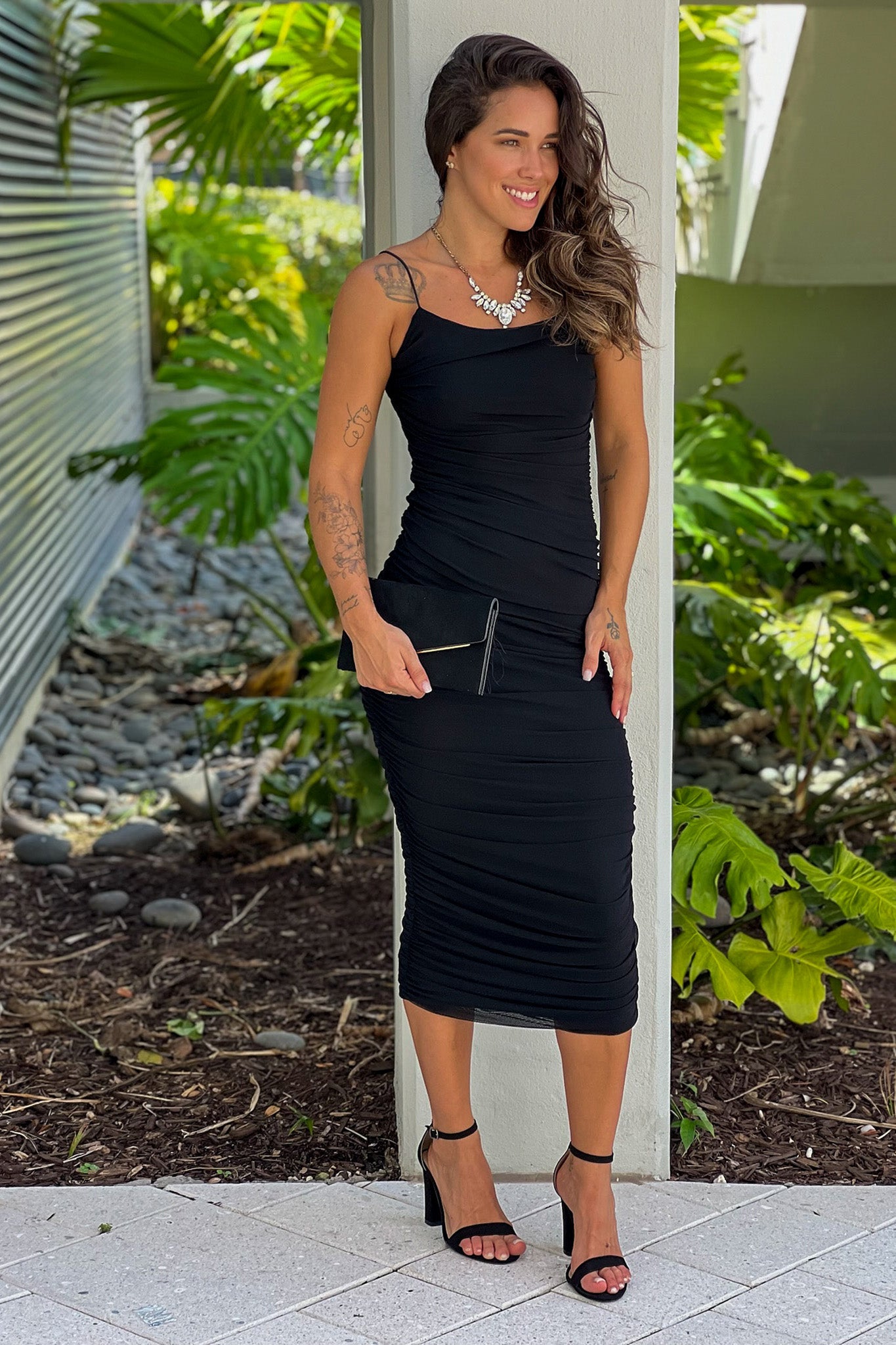 Stunning Black Ruched Zipper-Designed Midi Women's Dress for Special Occasions