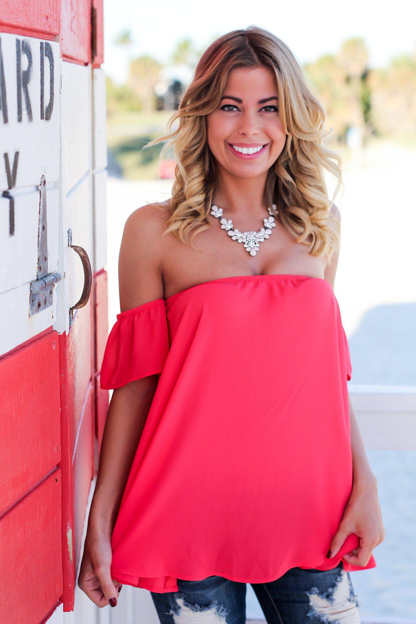 Gorgeous Coral Elastic Off Shoulder Polyester Top for Spring and Summer