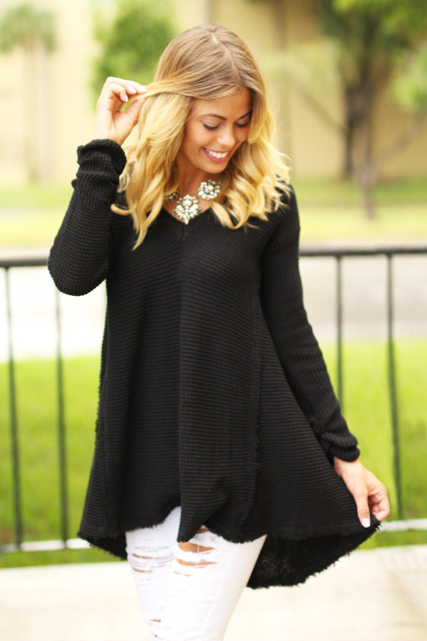 Stylish Black Cotton V-Neck Cold Shoulder Tunic Sweater for All Occasions