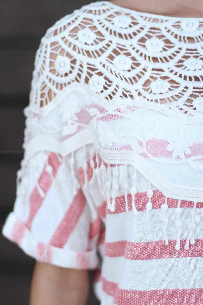 Stylish Coral Striped Women's Top with Delicate Lace Trim