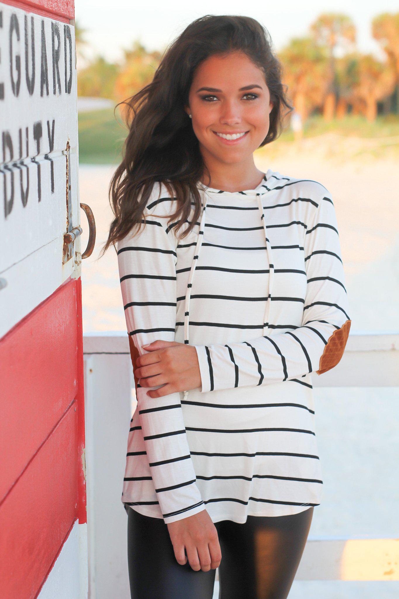 Stylish Ivory, Black and Tan Striped Hoodie with Elbow Patches and Pockets