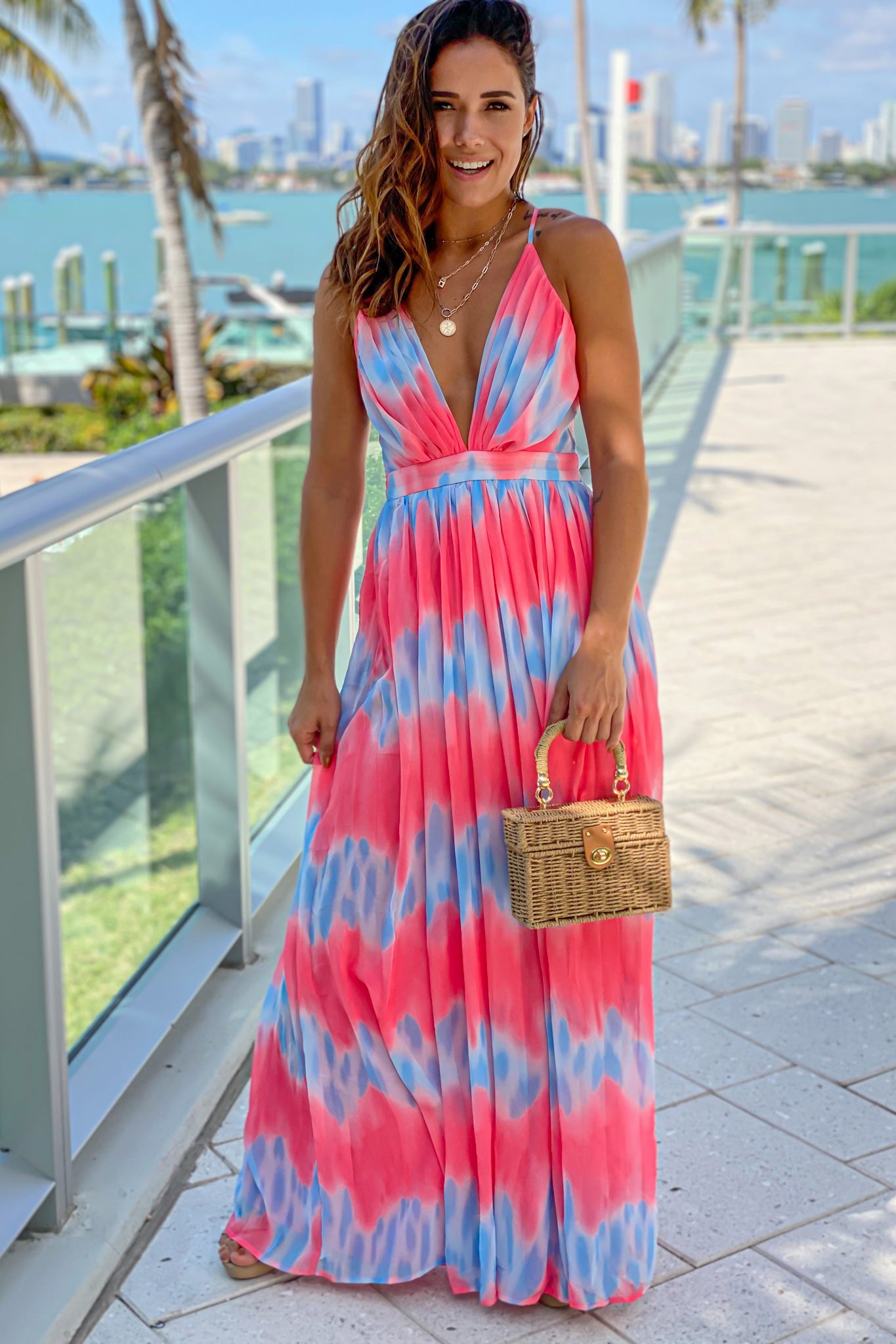 Stunning Coral and Azure Printed Women's Maxi Dress for All Occasions