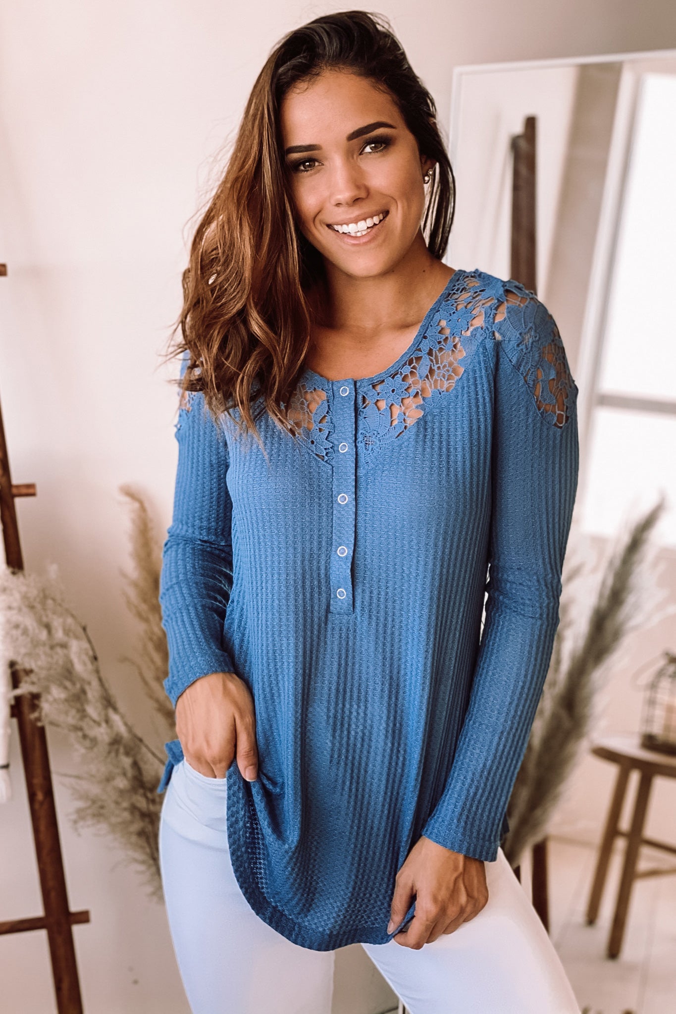 Stylish Blue Henley Top Featuring Floral Crochet Design
