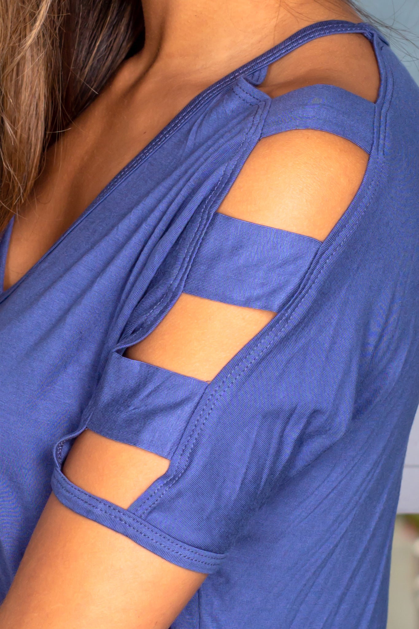 Fashionable Women's Indigo Blue Blouse with Decorative Strap Detail Sleeves
