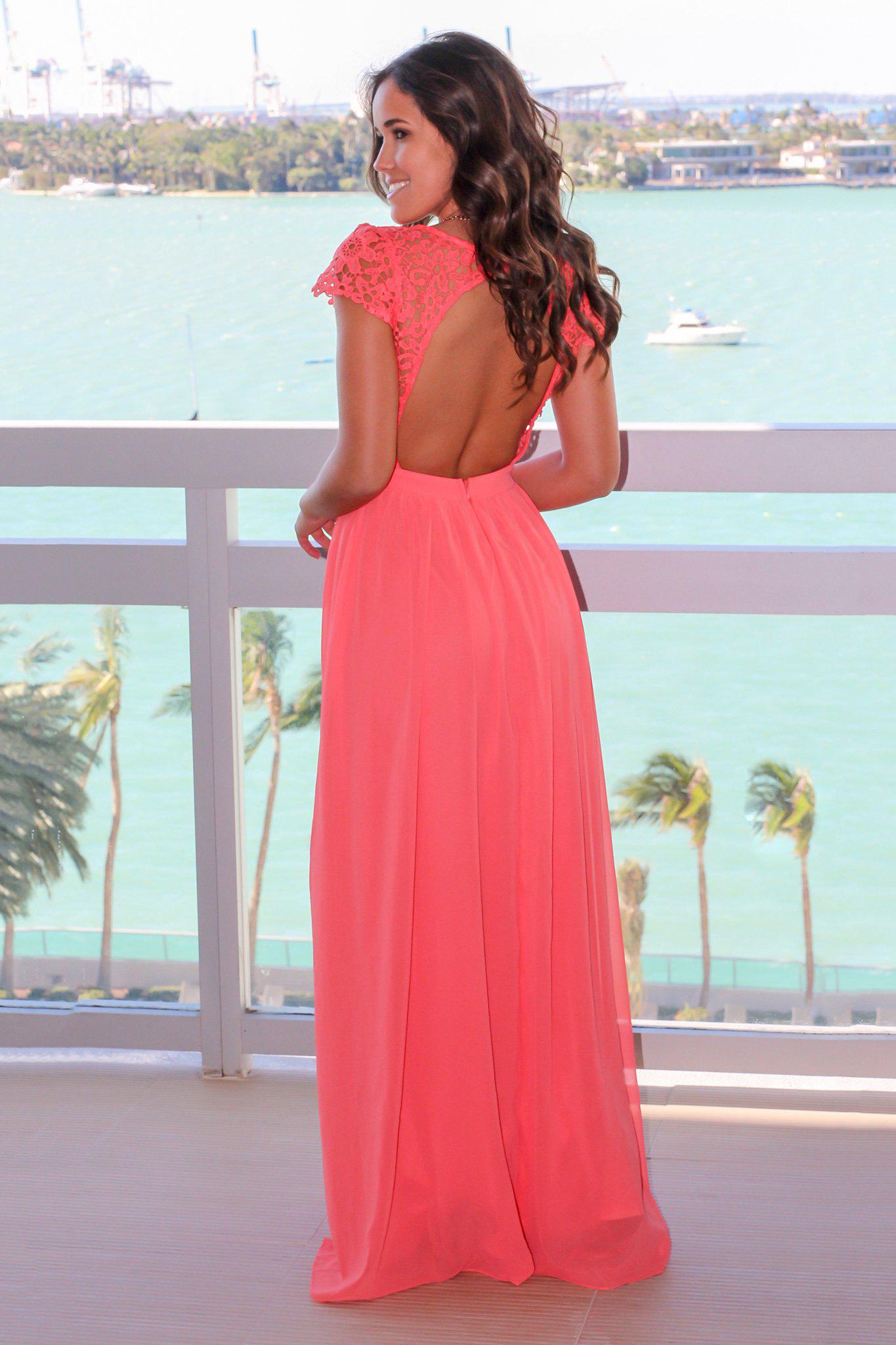 Exquisite Coral-Colored Crochet Top Maxi Dress Featuring an Alluring Open Back for Special Occasions