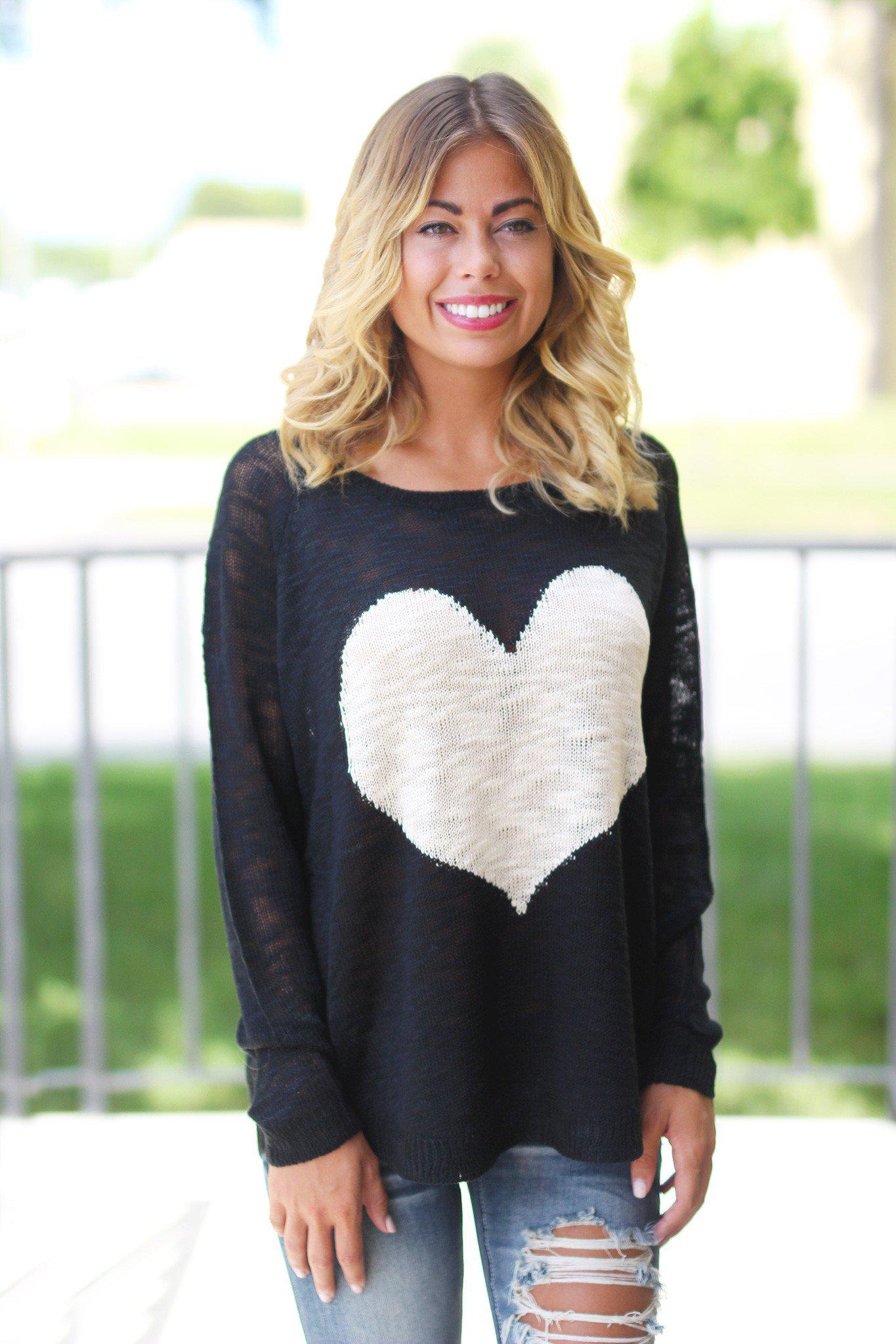 Adorable Heart-Printed Black Knit Sweater for Various Occasions