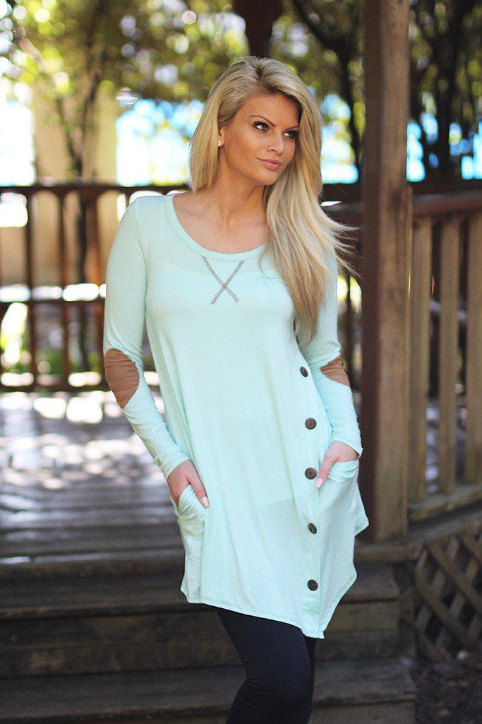 Stylish Mint Button-Up Top with Functional Pockets and Elbow Patches