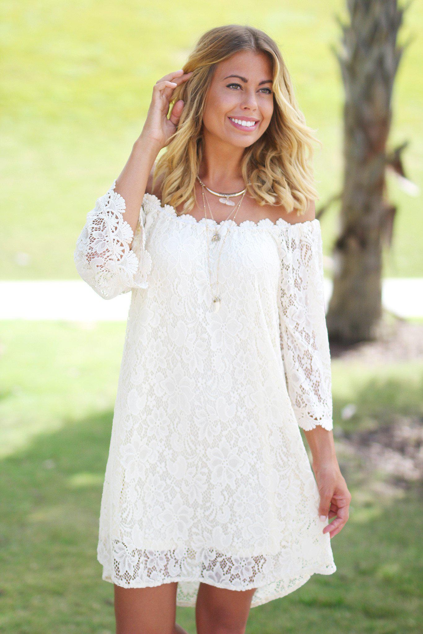 Romantic Cream-Colored Lace Off-the-Shoulder Short Party Dress