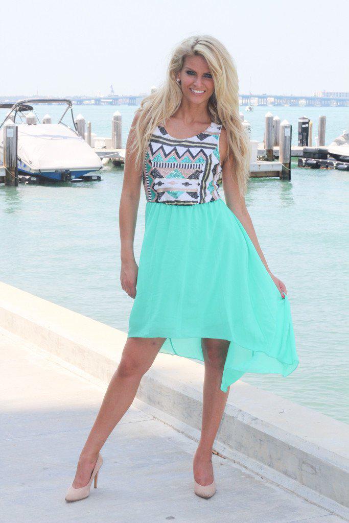 Stunning Mint Sequin Top High - Low Flowy Dress