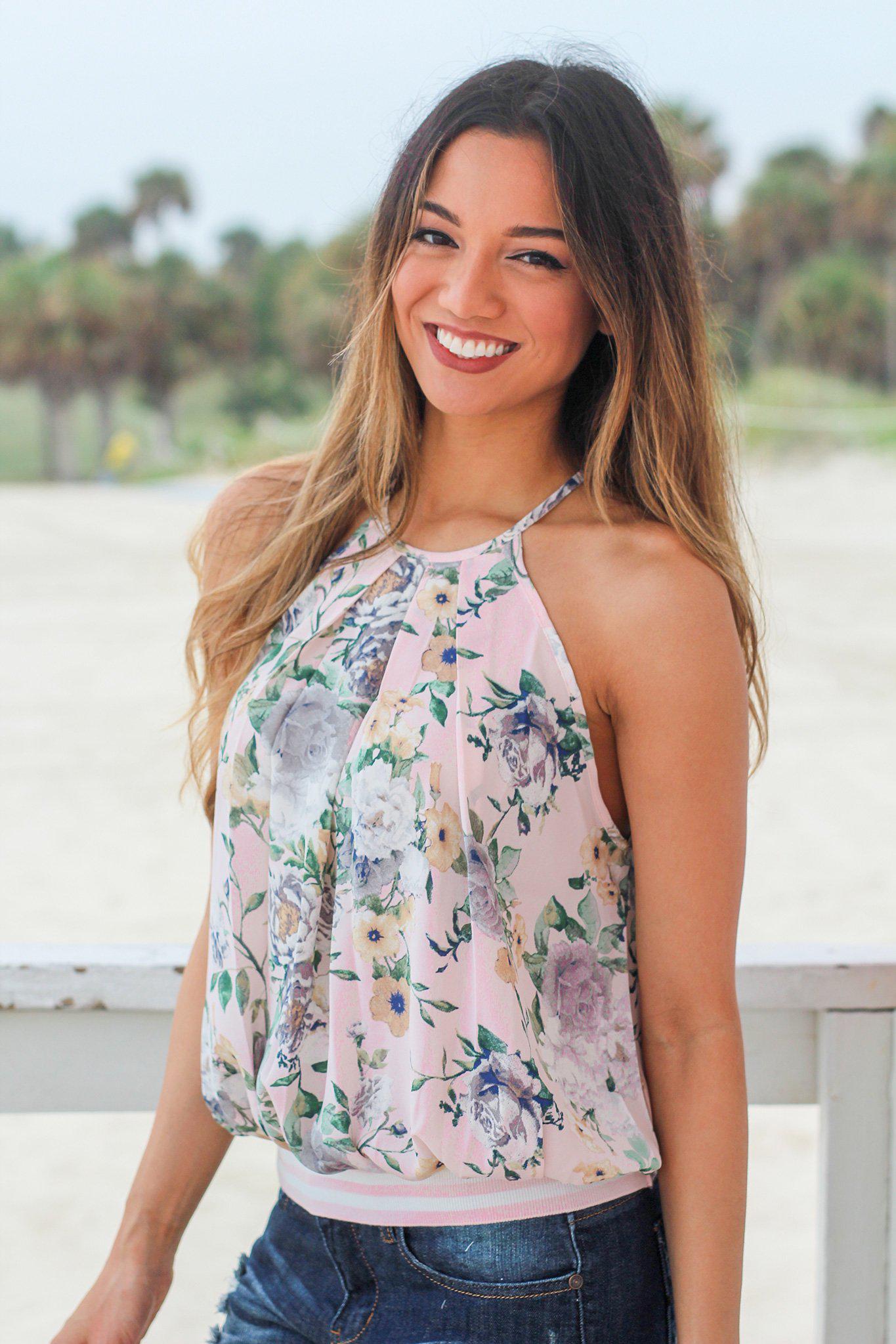 Blush Floral Pleated Tank Top