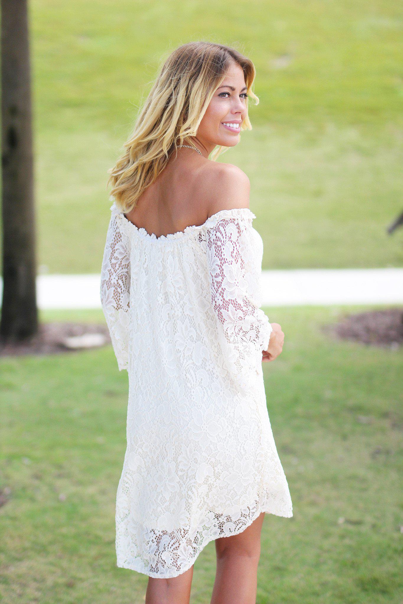 Romantic Cream-Colored Lace Off-the-Shoulder Short Party Dress