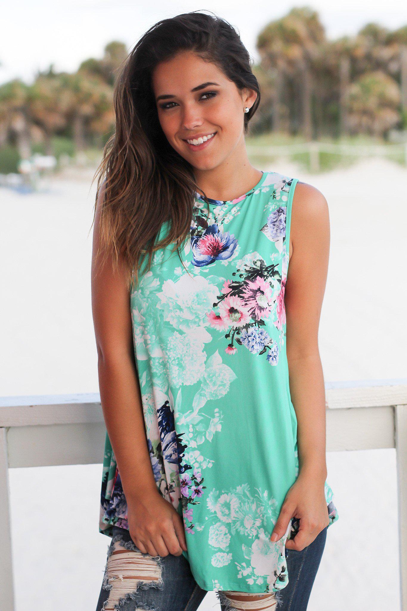 Adorable Mint Floral Print Sleeveless Comfort Top for Spring and Summer