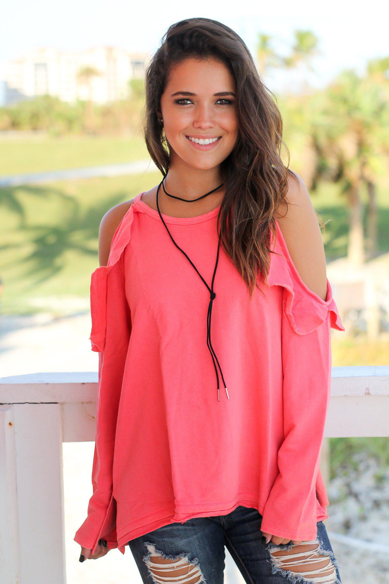 Fashionable Coral Cold Shoulder Women's Top with Ruffled Trim